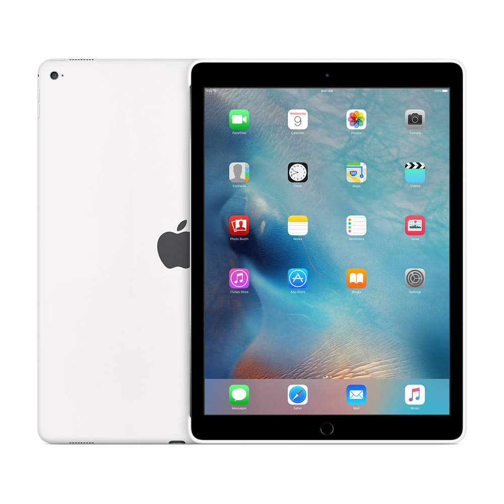 iPad bianco con schermo nero con icone app. Logo Apple visibile sul retro.