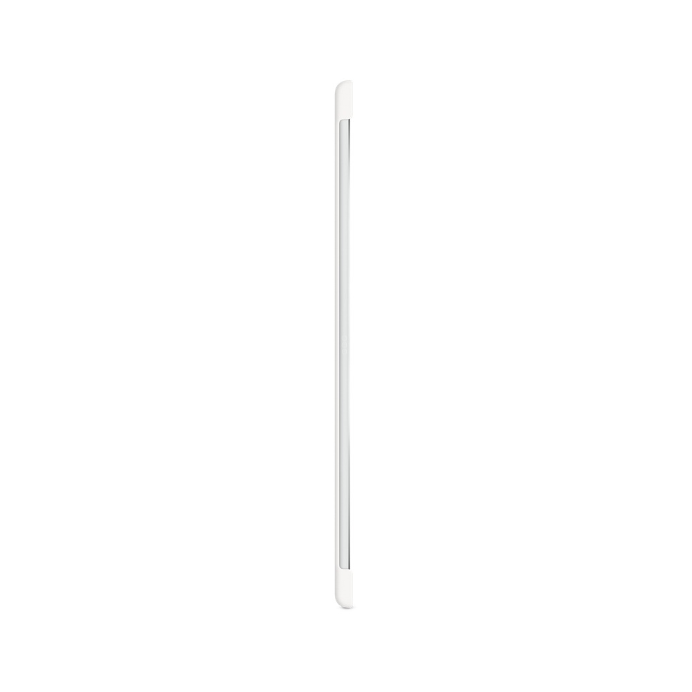 Un tablet bianco, visto di lato, su sfondo bianco.