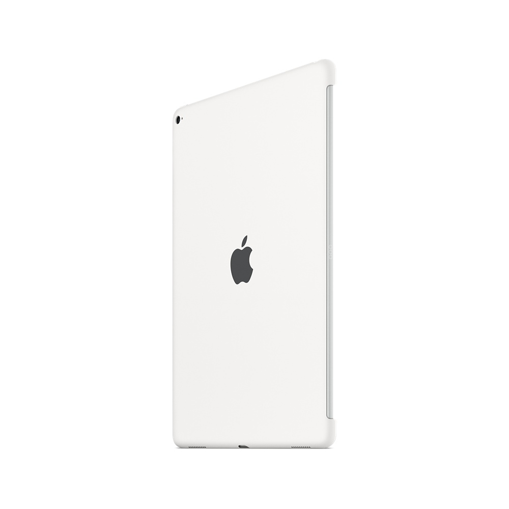 iPad bianco con logo nero sul retro. L'iPad è su sfondo bianco.