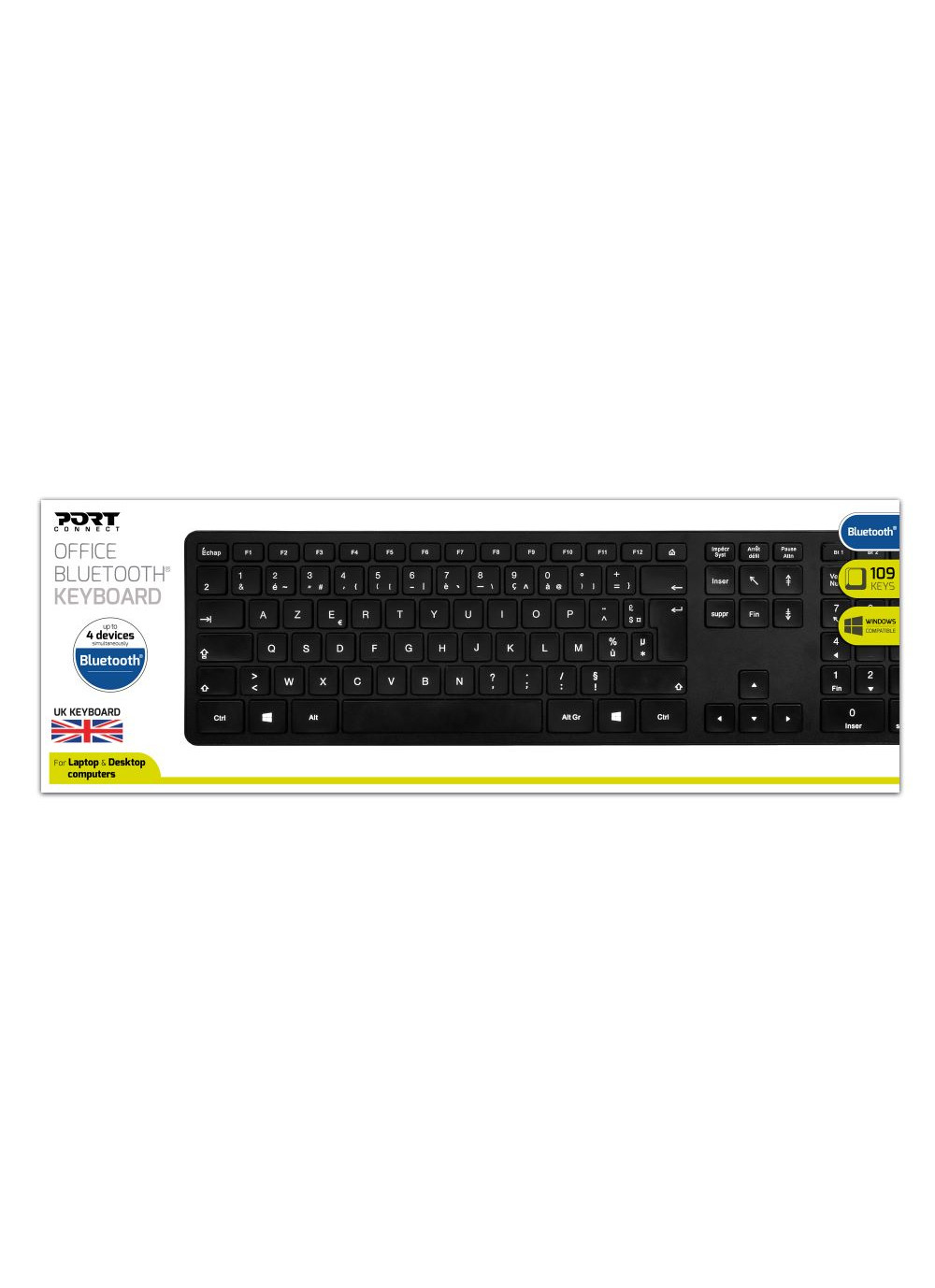 Teclado negro en caja blanca con texto. El teclado está sobre un fondo blanco.