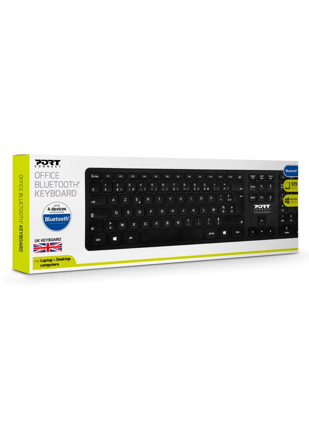 Teclado en una caja. Es negro con teclas blancas. La caja tiene texto y una bandera.