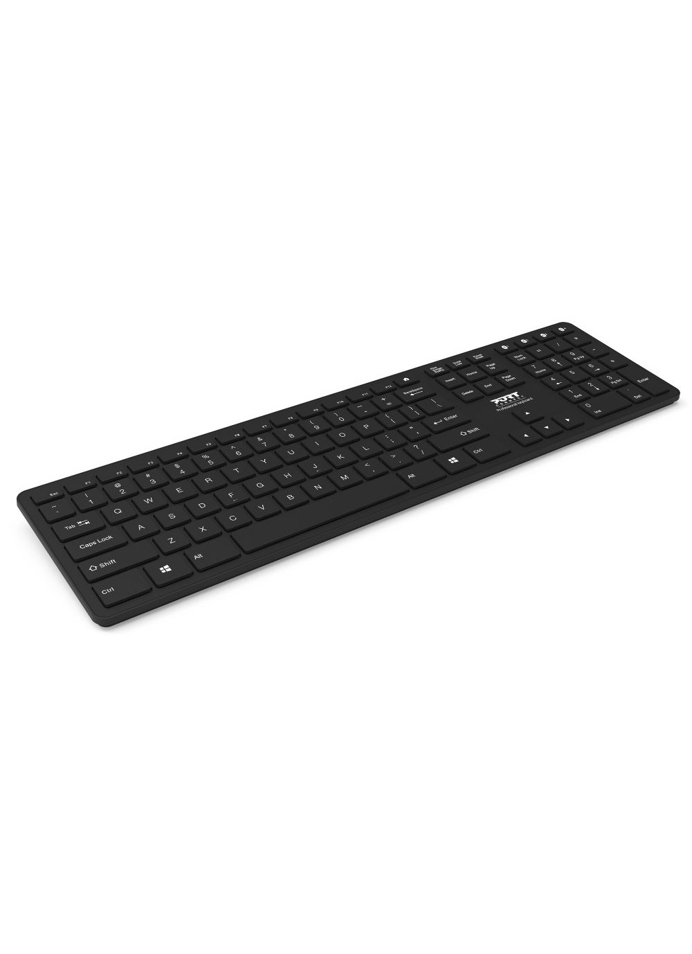 Teclado negro con teclas negras, marco blanco y fondo blanco.