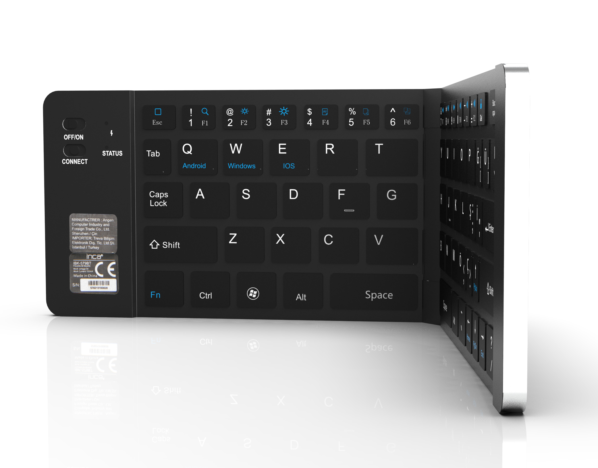 Składana czarna klawiatura. Jest częściowo otwarta. Ma różne klawisze i symbole.