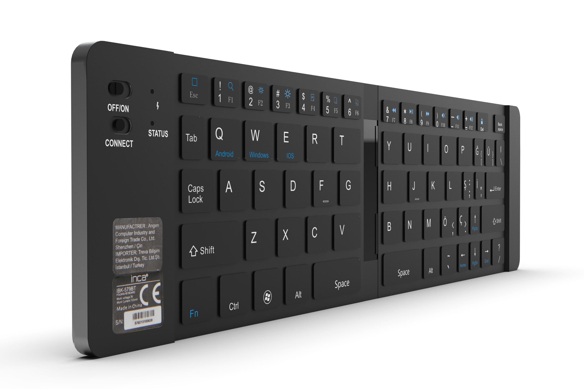 Czarna, kompaktowa klawiatura z wbudowanym gładzikiem i różnymi klawiszami funkcyjnymi. Białe tło.