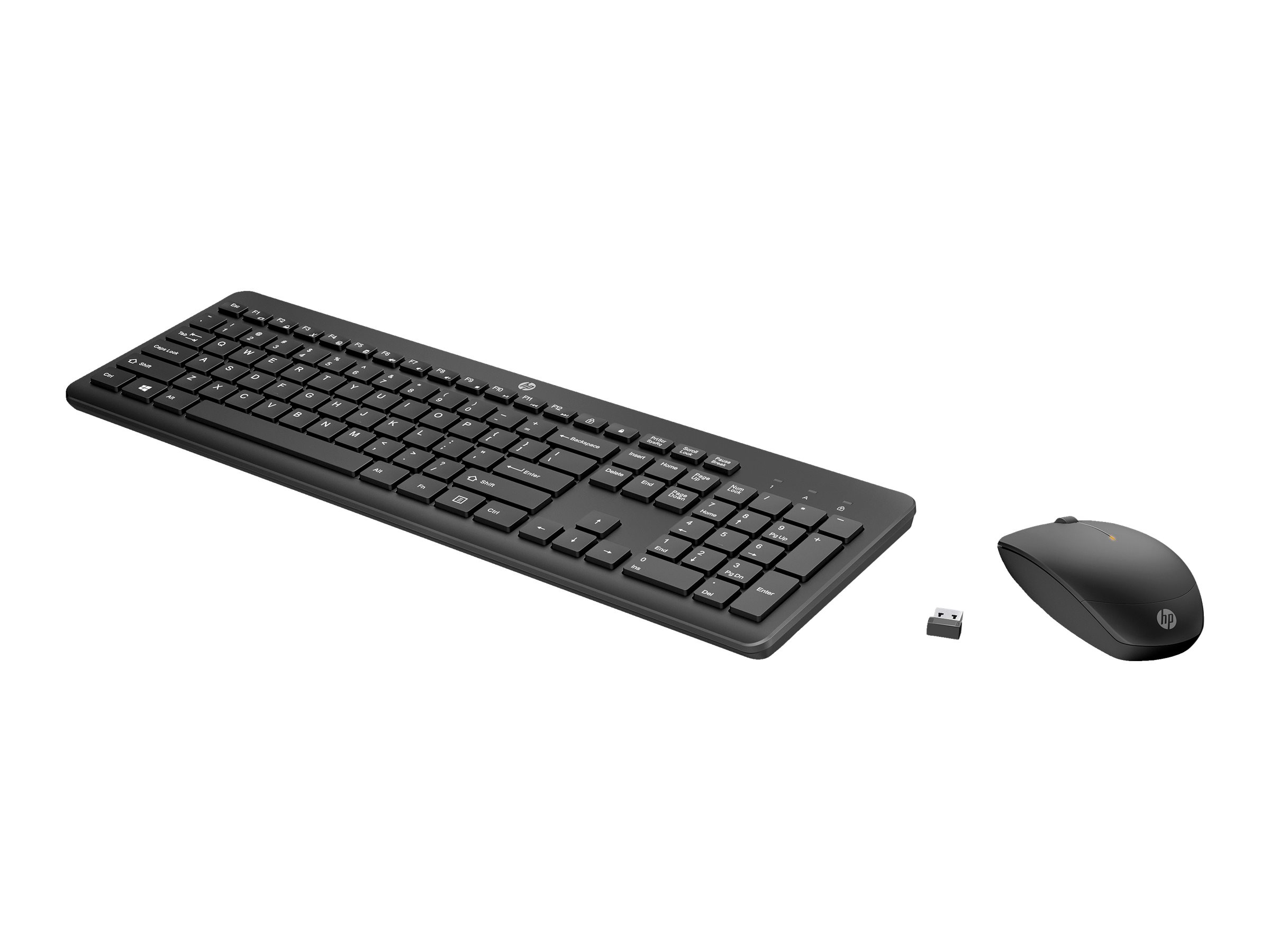 Set tastiera e mouse neri con ricevitore USB, su una superficie bianca. Configurazione wireless.