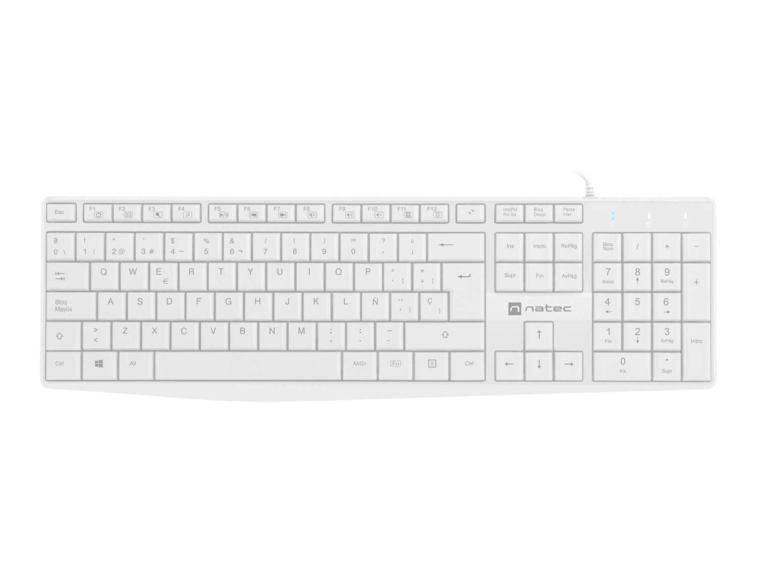 White keyboard with black keys and lettering.