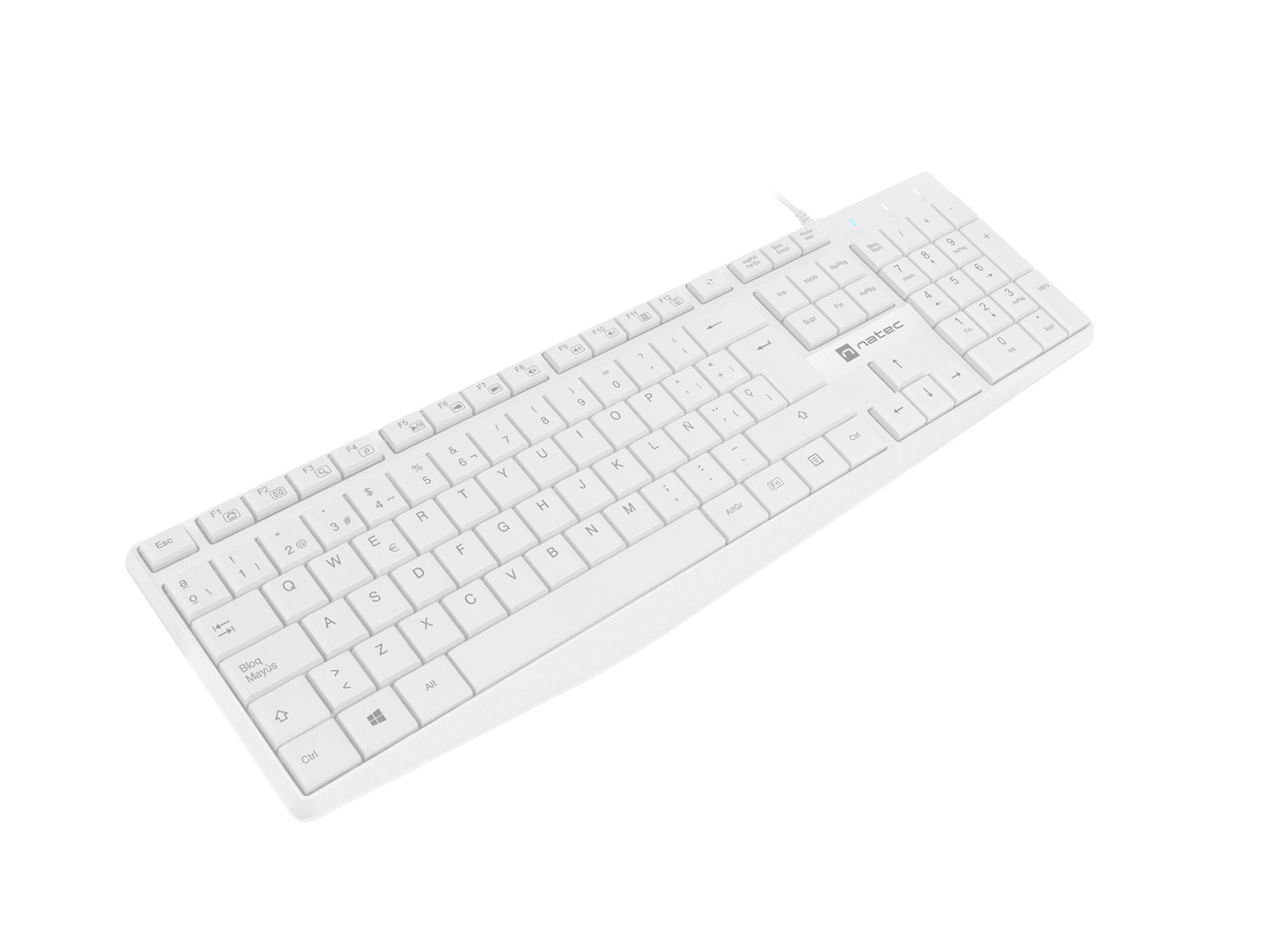 White keyboard with many keys. The design is curved. It has a cable.