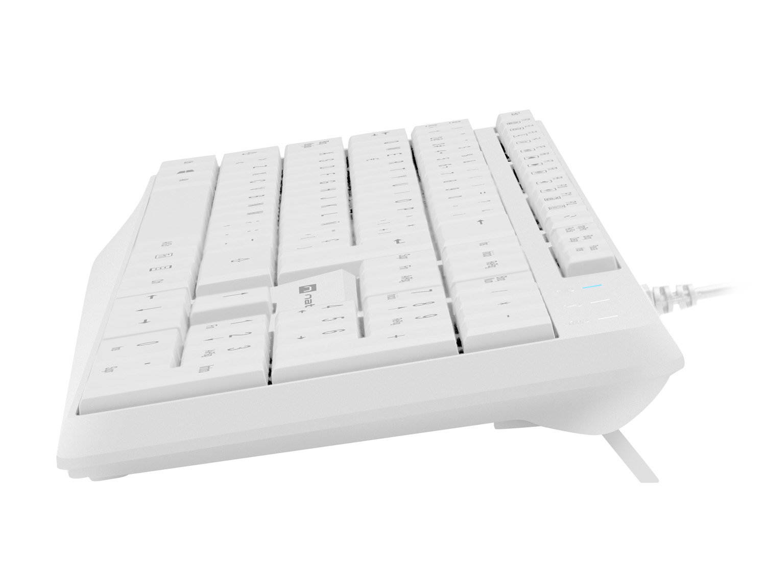 White ergonomic keyboard with a unique shape. The keys are white.