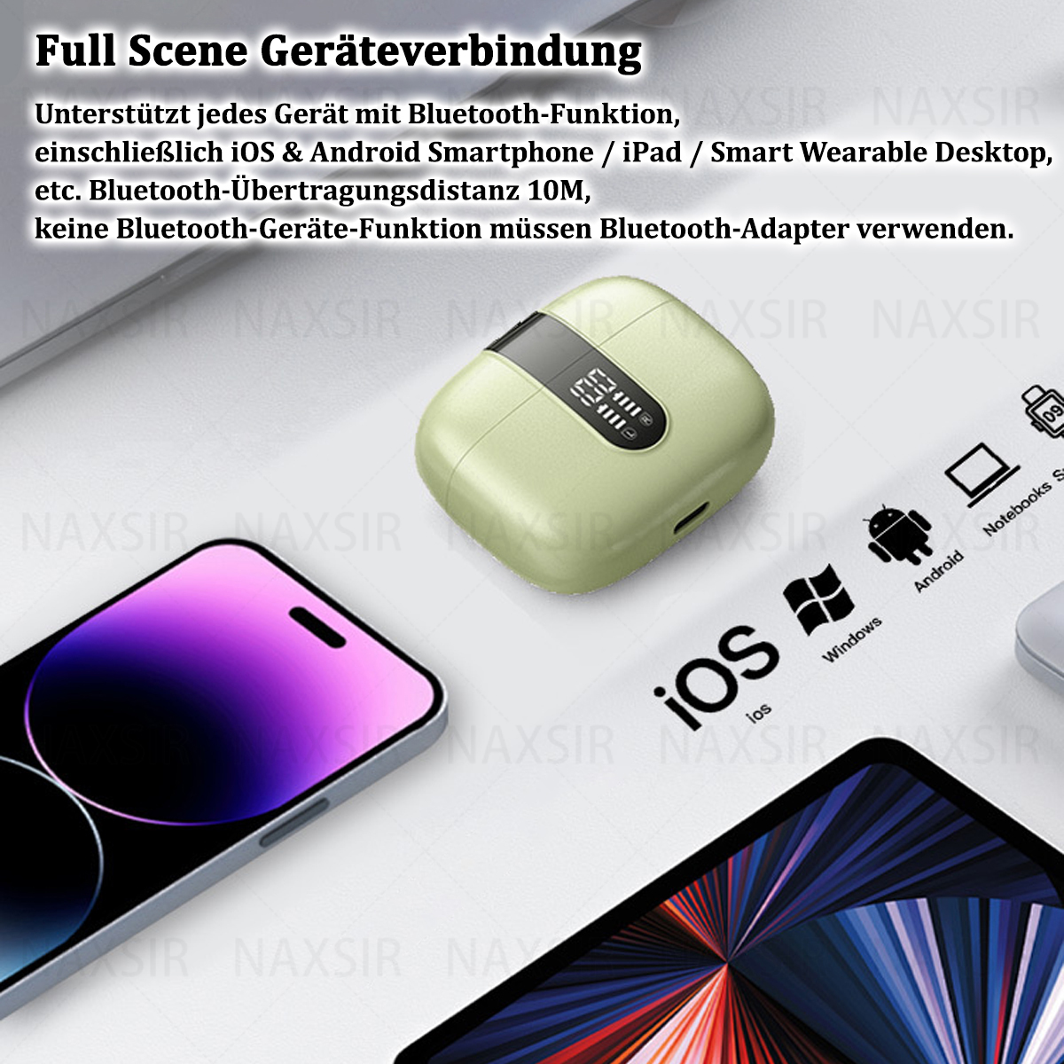 Kopfhörer-Etui, Telefon, Tablet und Geräte-Symbole. Text auf Deutsch.