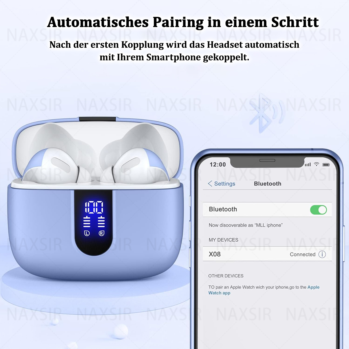 Blaue Ohrhörer mit Ladecase und Telefon mit Bluetooth-Einstellungen.