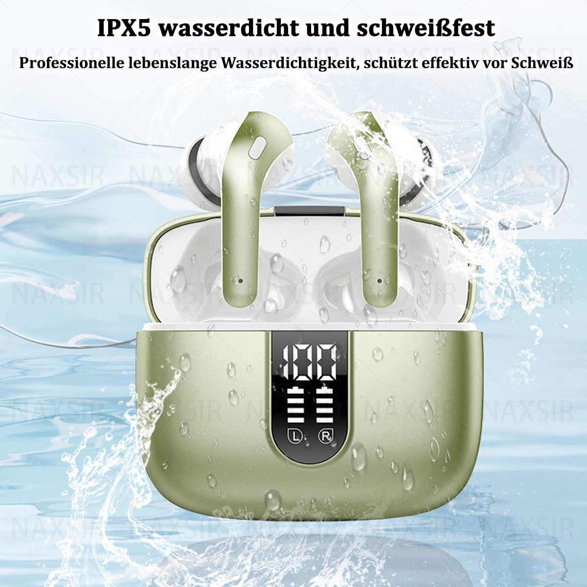 Grüne kabellose Ohrhörer in einem grünen Ladecase mit Digitalanzeige, mit Wasser drumherum.