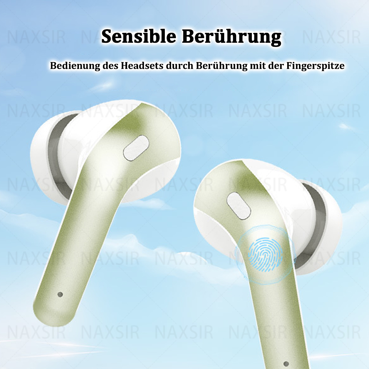 Nahaufnahme von weißen und grünen Ohrhörern mit Text: Sensible Berührung.