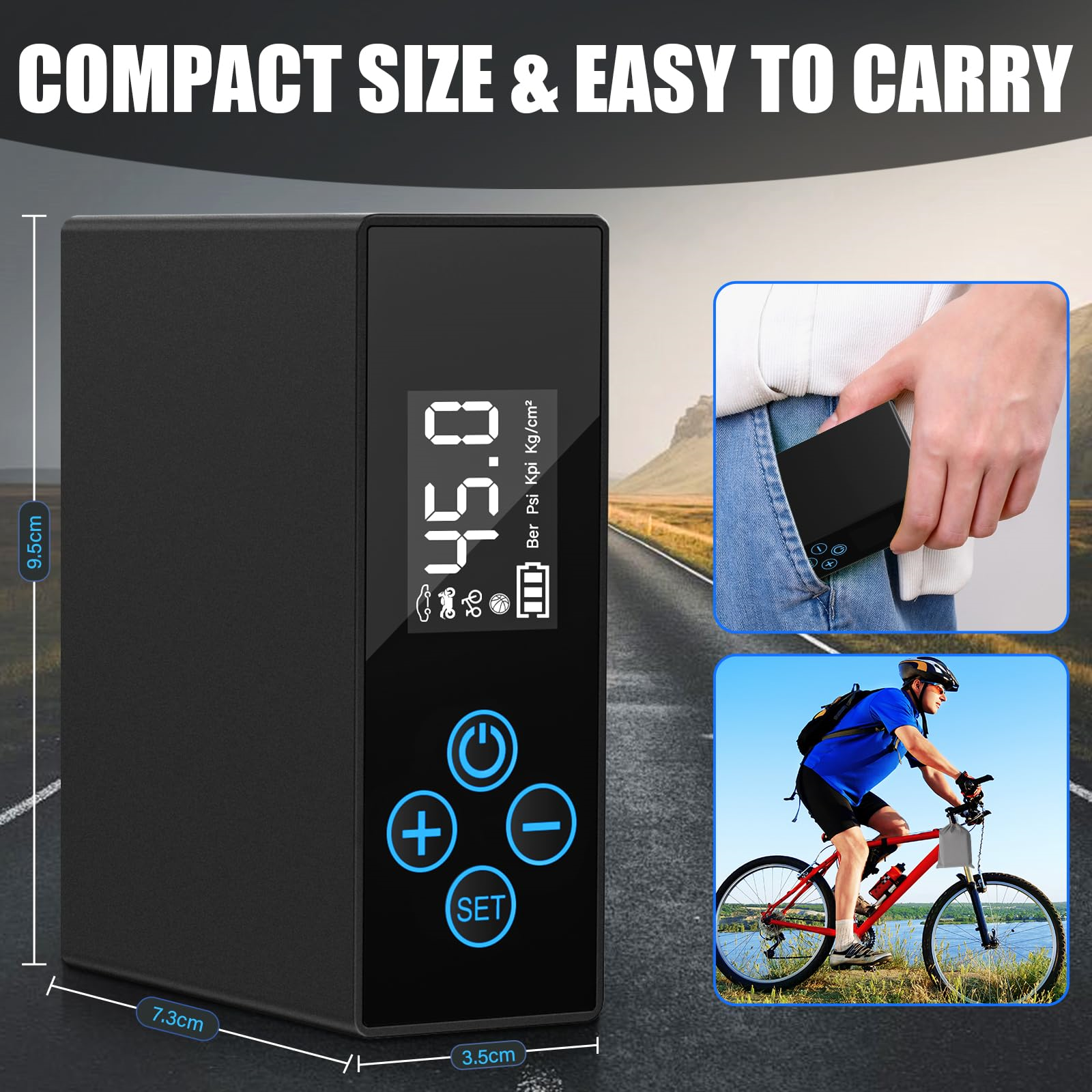 Schwarze tragbare Luftpumpe mit digitaler Anzeige und Bedientasten. Ein Radfahrer und ein Taschenfoto sind hinzugefügt.