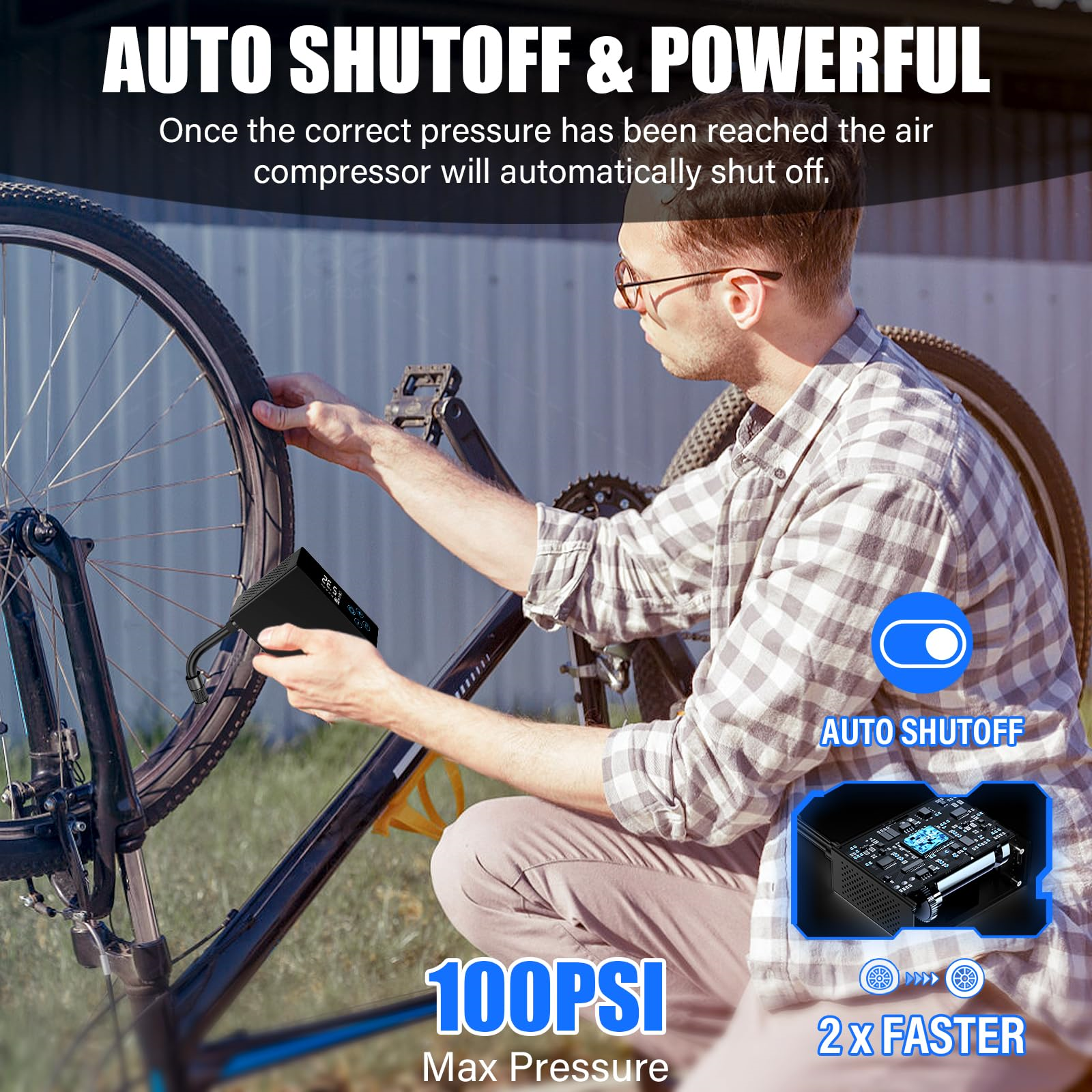 Ein Mann pumpt einen Fahrradreifen mit einem schwarzen Luftkompressor auf. Blauer Auto-Abschaltknopf.