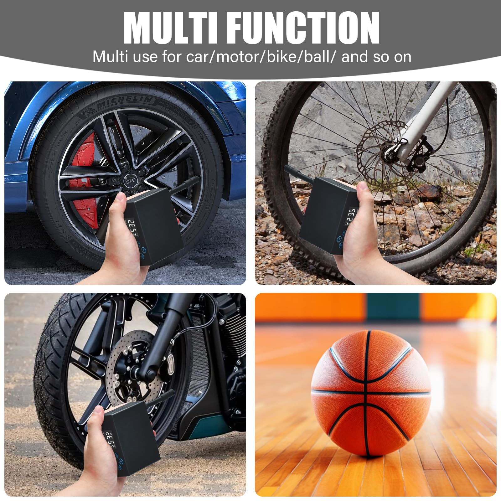 Eine Collage, die einen tragbaren Luftkompressor zeigt, der mit Auto, Fahrrad und Basketball verwendet wird.