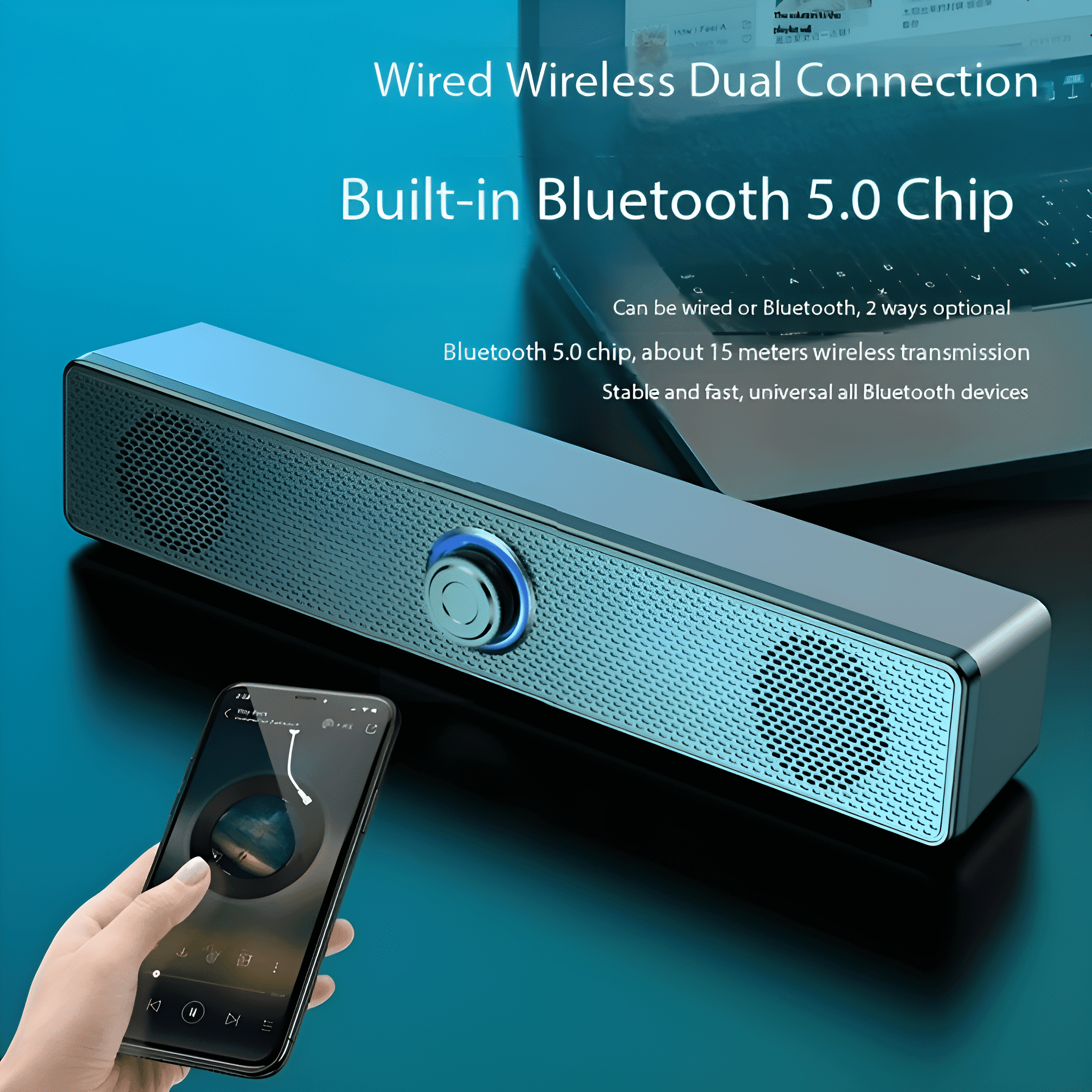 Eine blaue und silberne Soundbar mit einem Telefon, das die Musikoberfläche anzeigt.