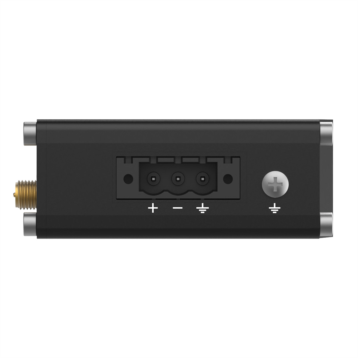 Czarne urządzenie elektroniczne ze złączami i śrubą jest pokazane od góry.