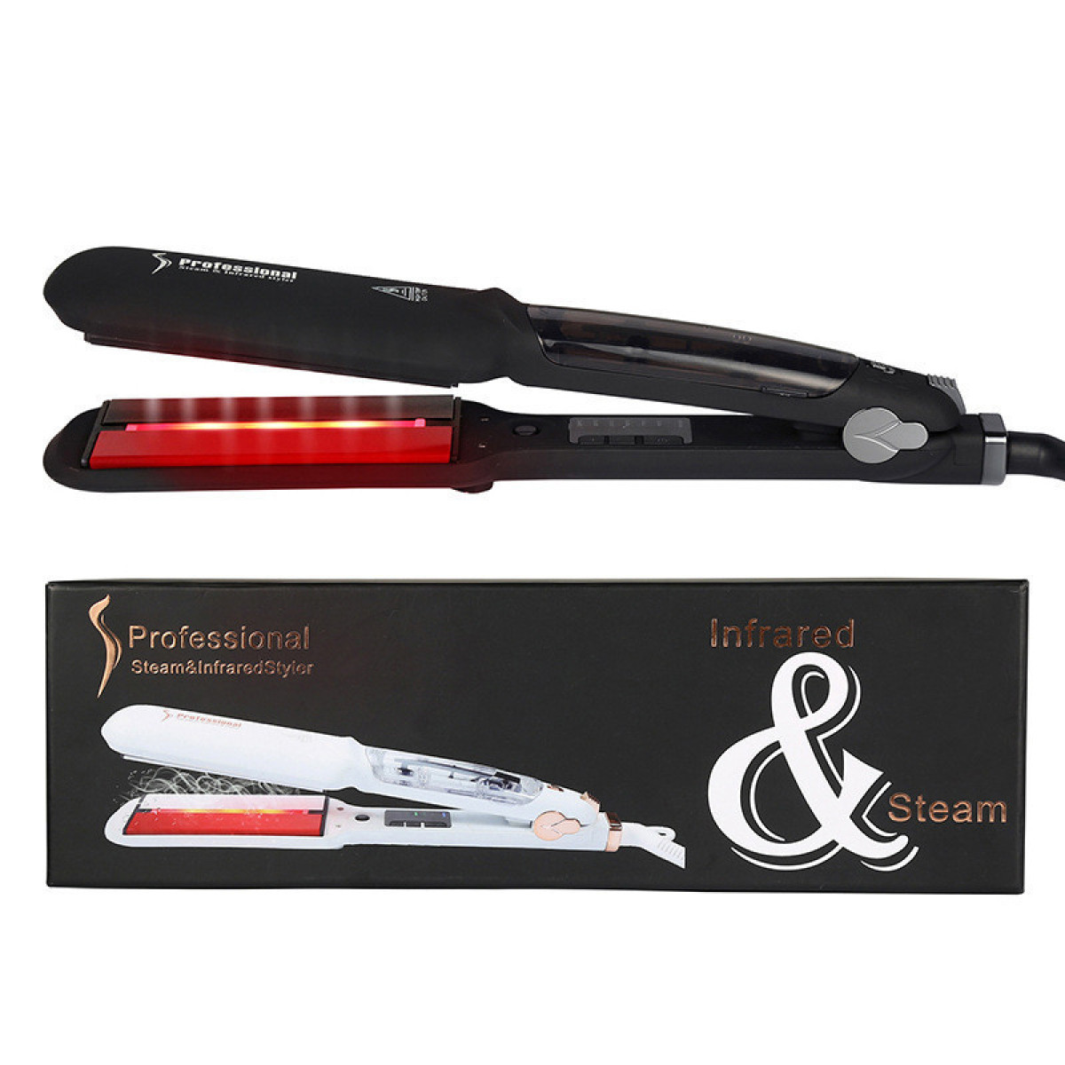 Schwarzer Haarglätter mit roten Heizplatten und eine Schachtel mit Produktbranding und Details.