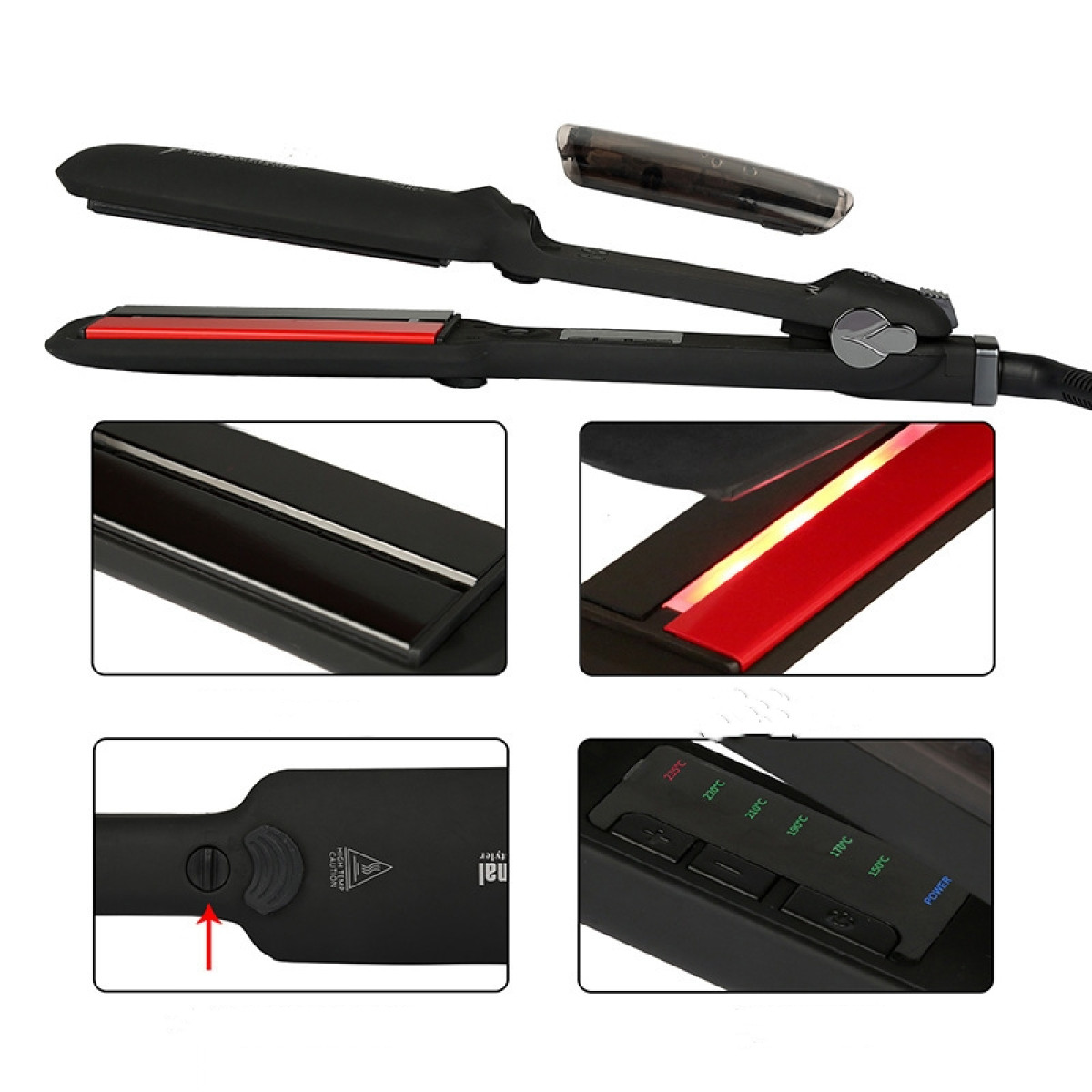 Schwarzer Haarglätter mit roten Heizplatten, Bedienelementen und Ein-/Aus-Schalter.