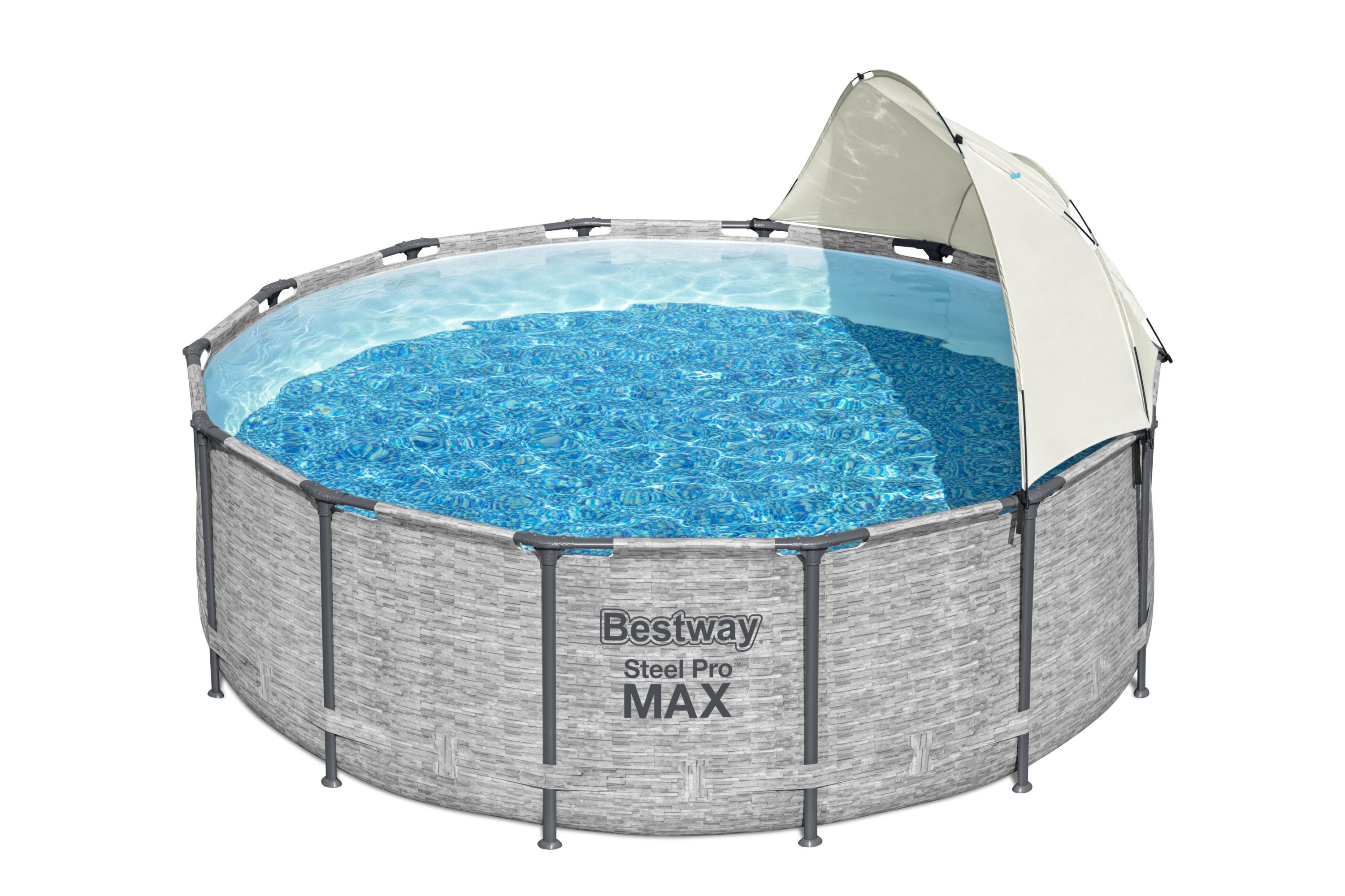 Runder Pool mit blauem Wasser, grauen Steinwänden und beigem Baldachin auf weißem Grund.