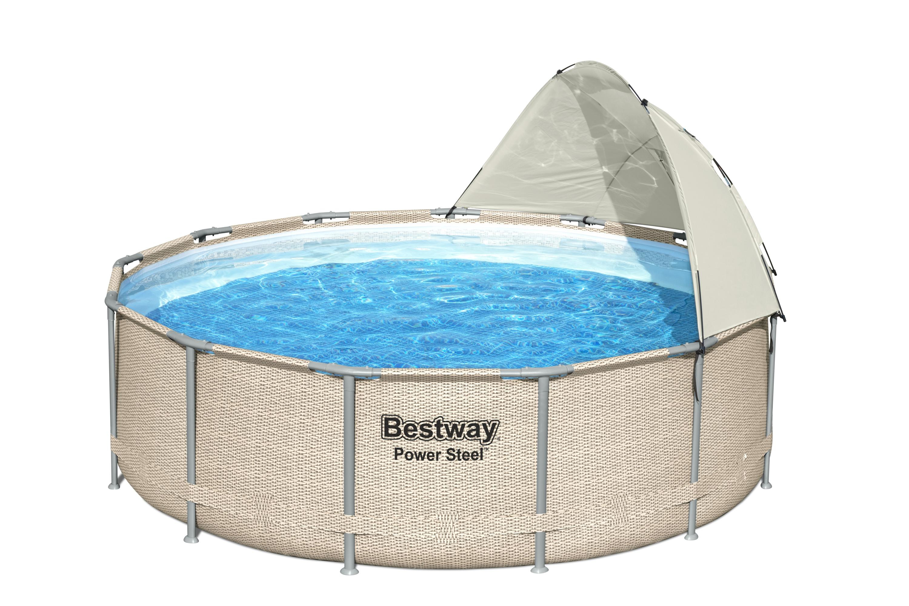 Runder Pool mit blauem Wasser, beigen Korbwänden und beigem Baldachin auf weißem Grund.