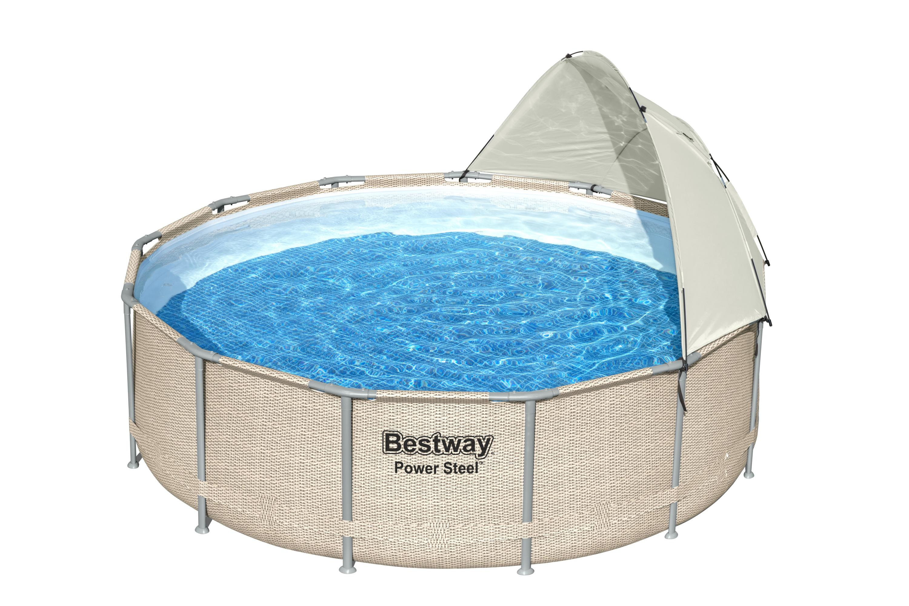 Runder Pool mit blauem Wasser, beigen Korbwänden und beigem Baldachin auf weißem Grund.