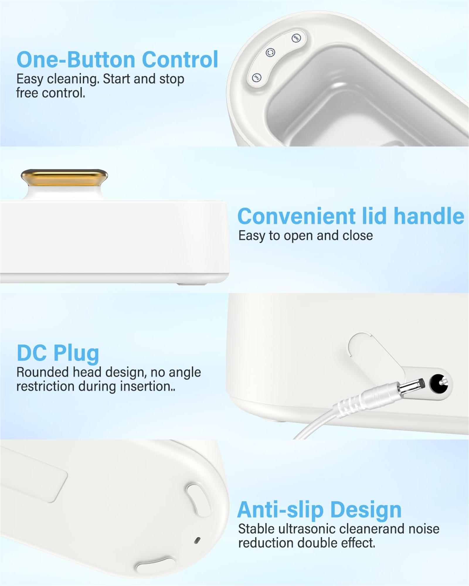 Weißes Gerät mit oberen Bedienelementen, Griff, DC-Stecker und Anti-Rutsch-Design, alles beschriftet.