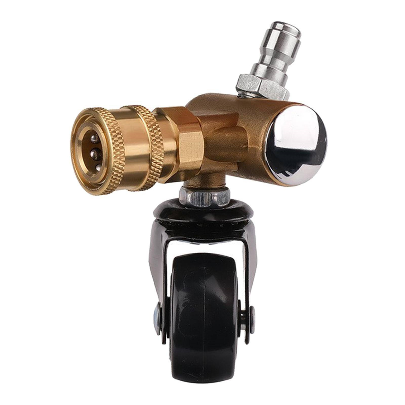 Ein Messingfitting mit einem Rad befestigt.