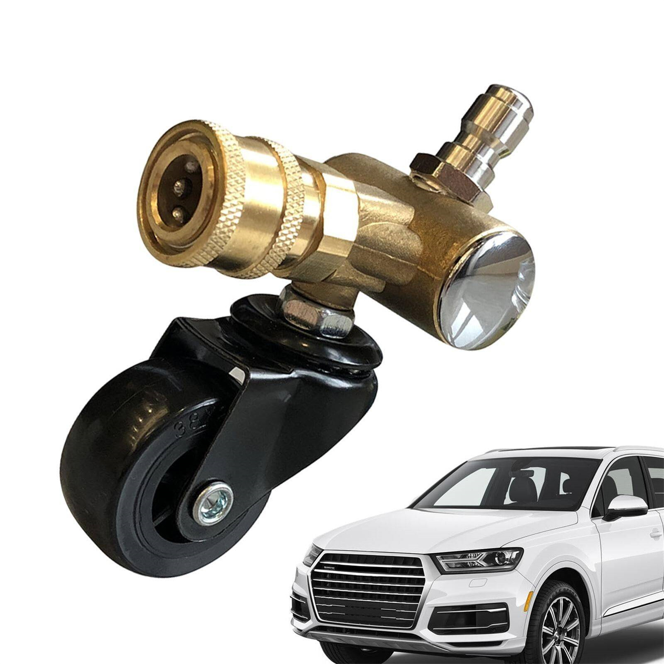 Messingfitting mit Rad und Auto im Hintergrund. Hochdruckreiniger-Zubehör.