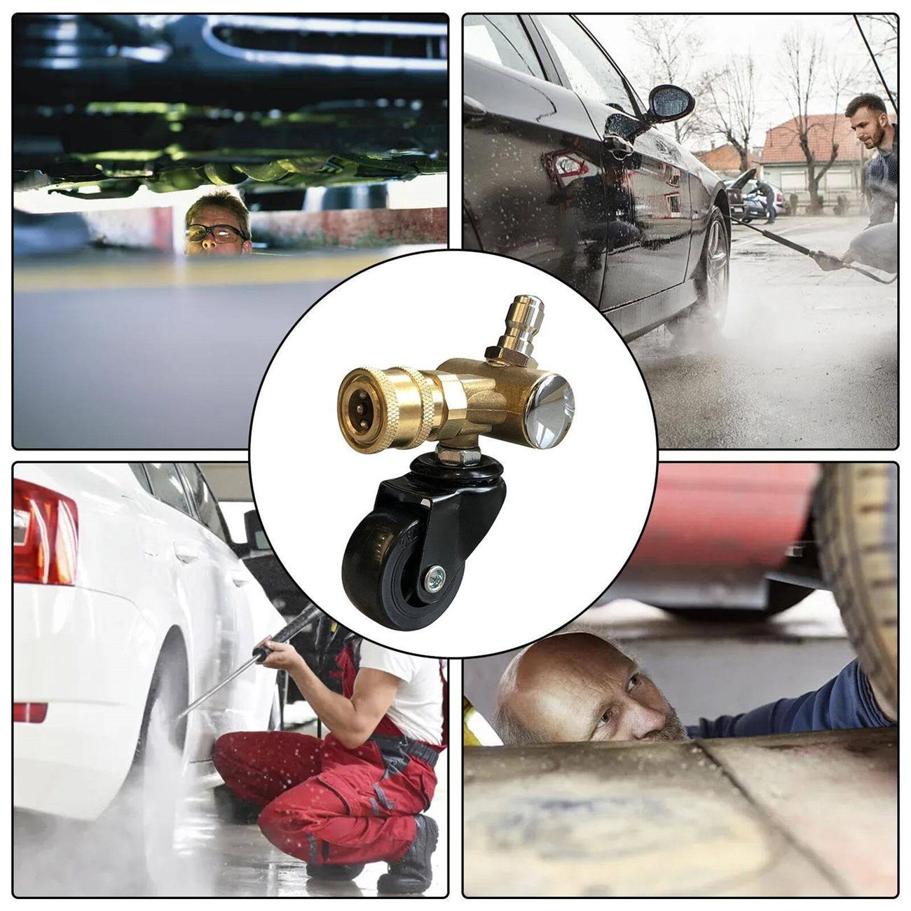 Auto wird gewaschen. Nahaufnahme eines Messinganschlusses mit Rad. Leute waschen und arbeiten an Autos.