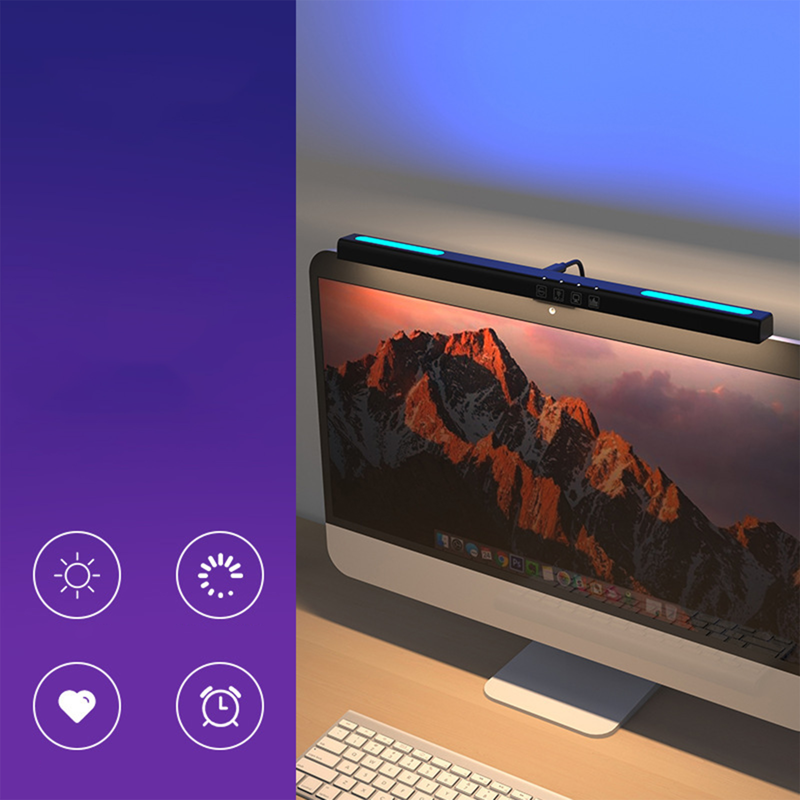 Computer-Monitor mit Lichtleiste oben. Der Hintergrund hat Symbole und einen lila Farbverlauf.
