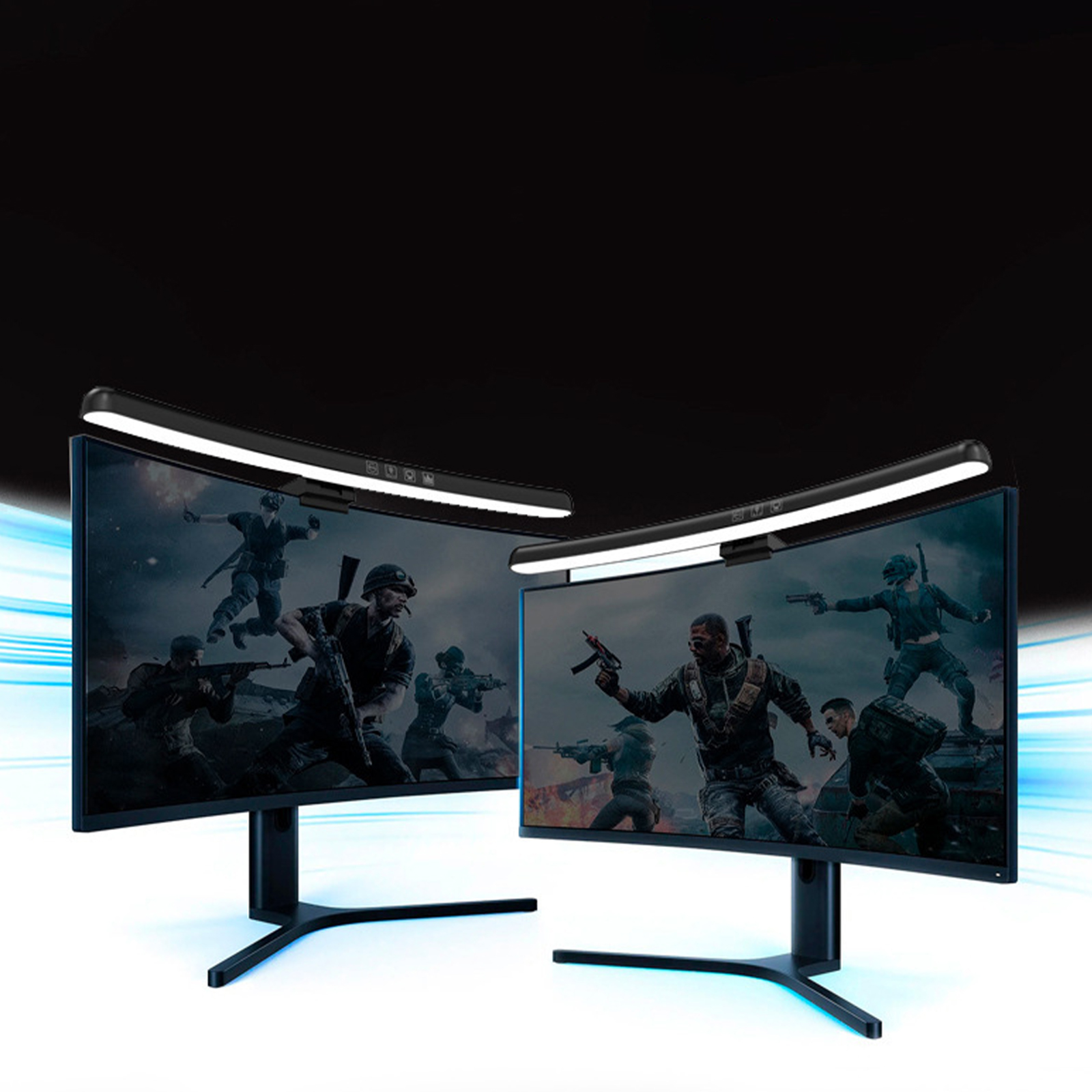 Zwei gewölbte Monitore zeigen ein Videospiel. Jeder hat eine Lichtleiste oben und einen schwarzen Ständer.