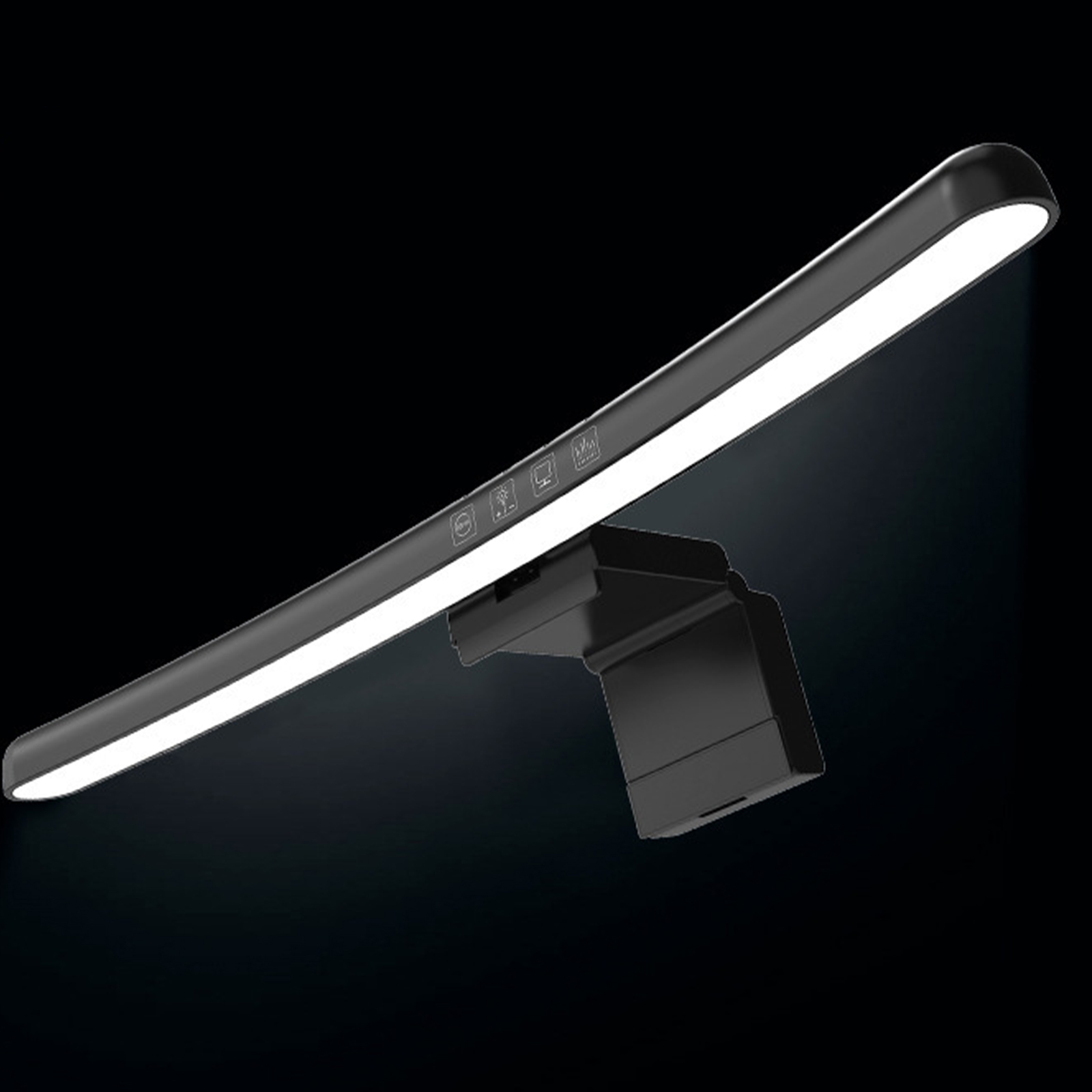 Schwarzes Monitorlicht mit Ein/Aus- und Funktionstasten. Emittiert weißes Licht auf schwarzem Hintergrund.