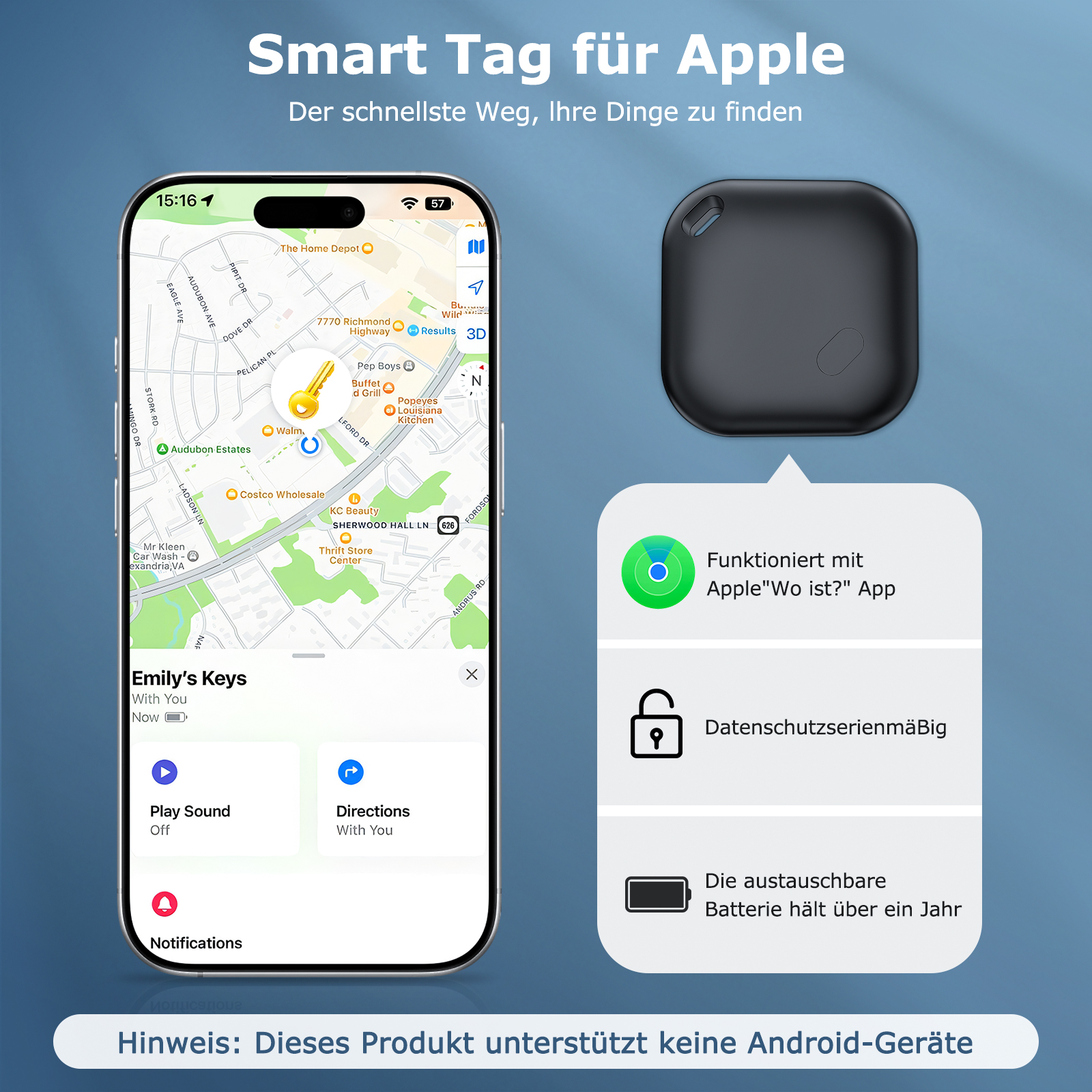 Smart Tag für Apple mit Karte, Tag und Telefonbildschirm mit Standort und Wegbeschreibung.