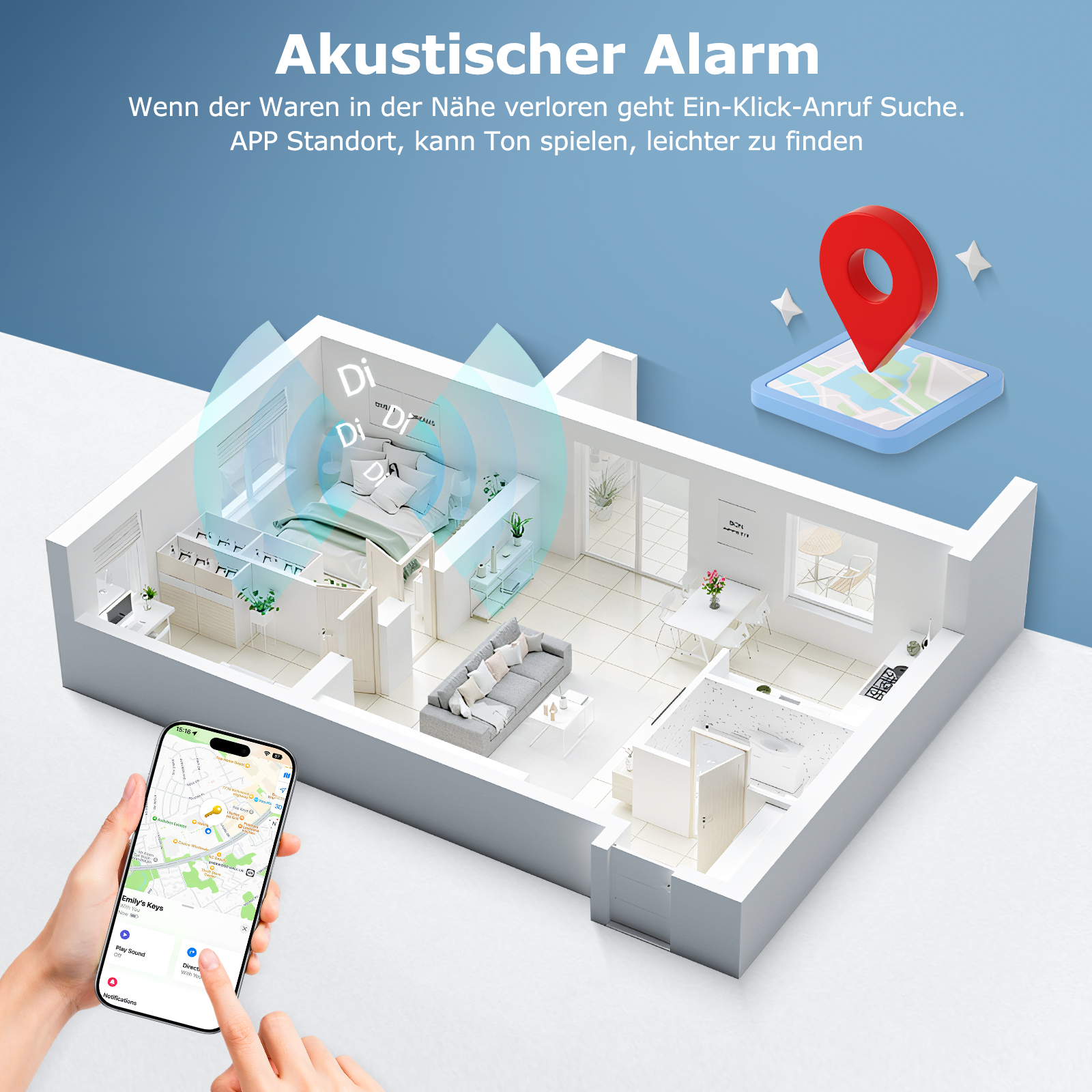 Eine 3D-Innenansicht mit einem Telefon, das eine Karte zeigt, und einer roten Standortmarkierung.