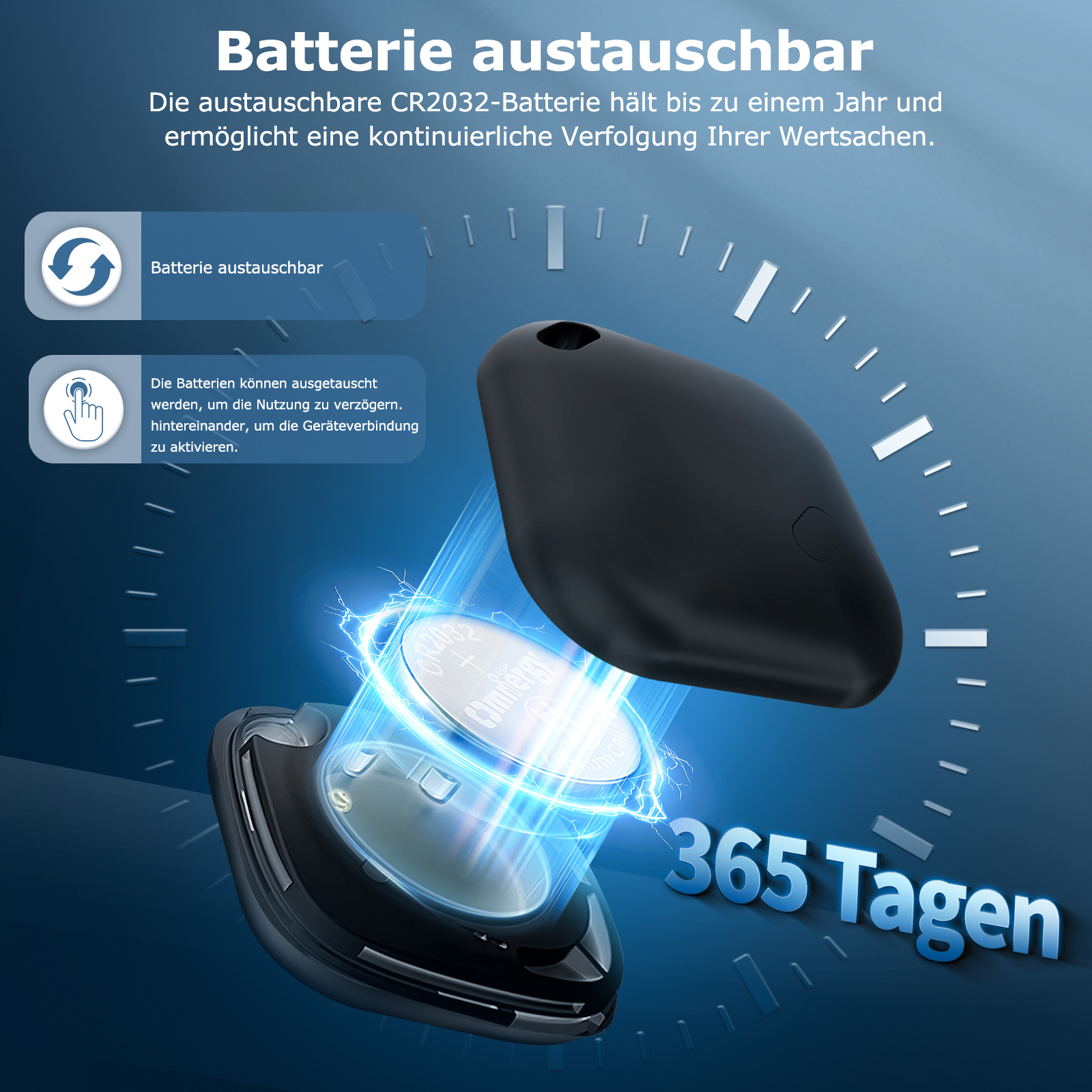 Schwarzes Gerät mit Batterie, blauem Leuchten und Text zur Batterielebensdauer.