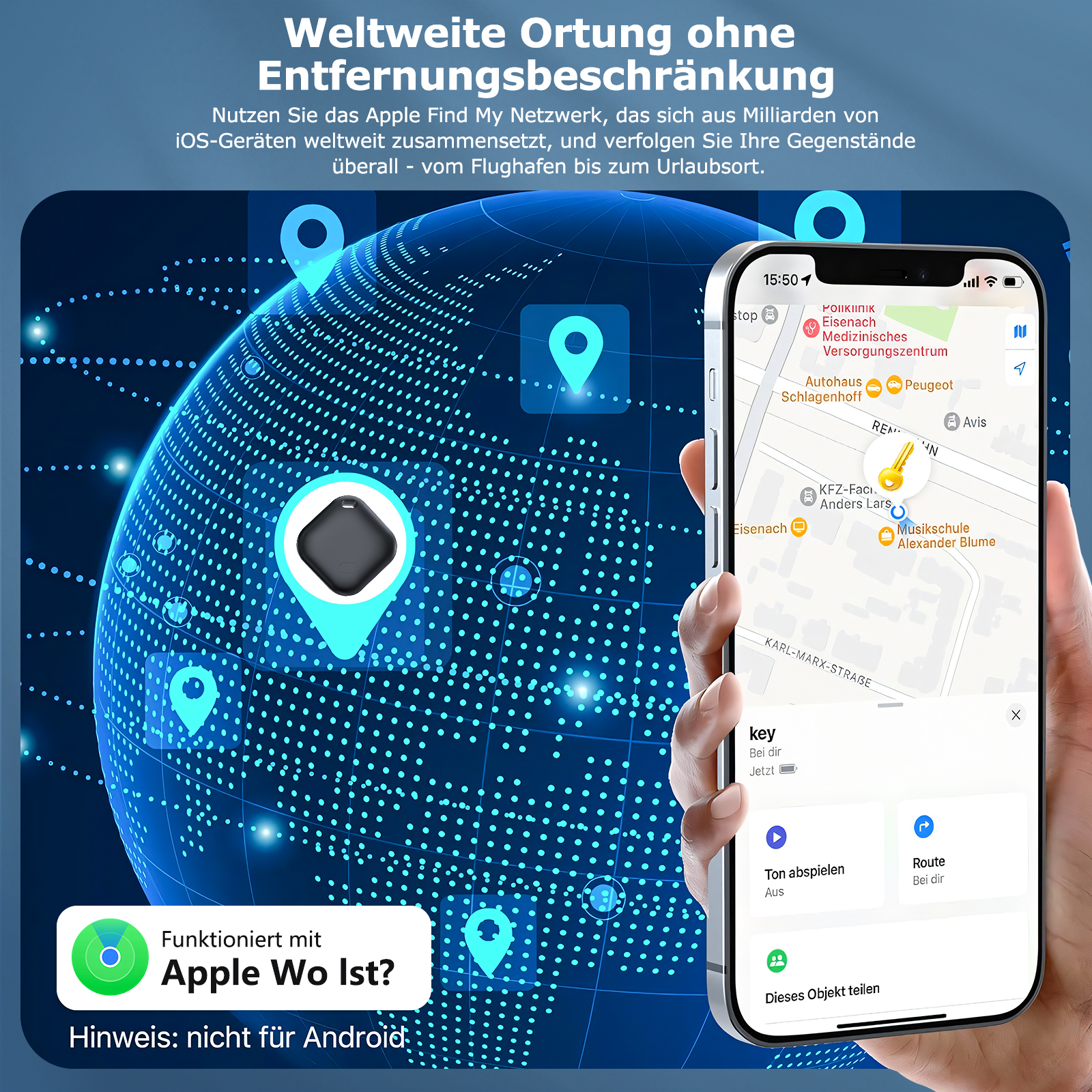 Telefon zeigt Karte mit Schlüsselstandort. Ein Tracker und ein Globus mit Standortmarkierungen sind ebenfalls sichtbar.
