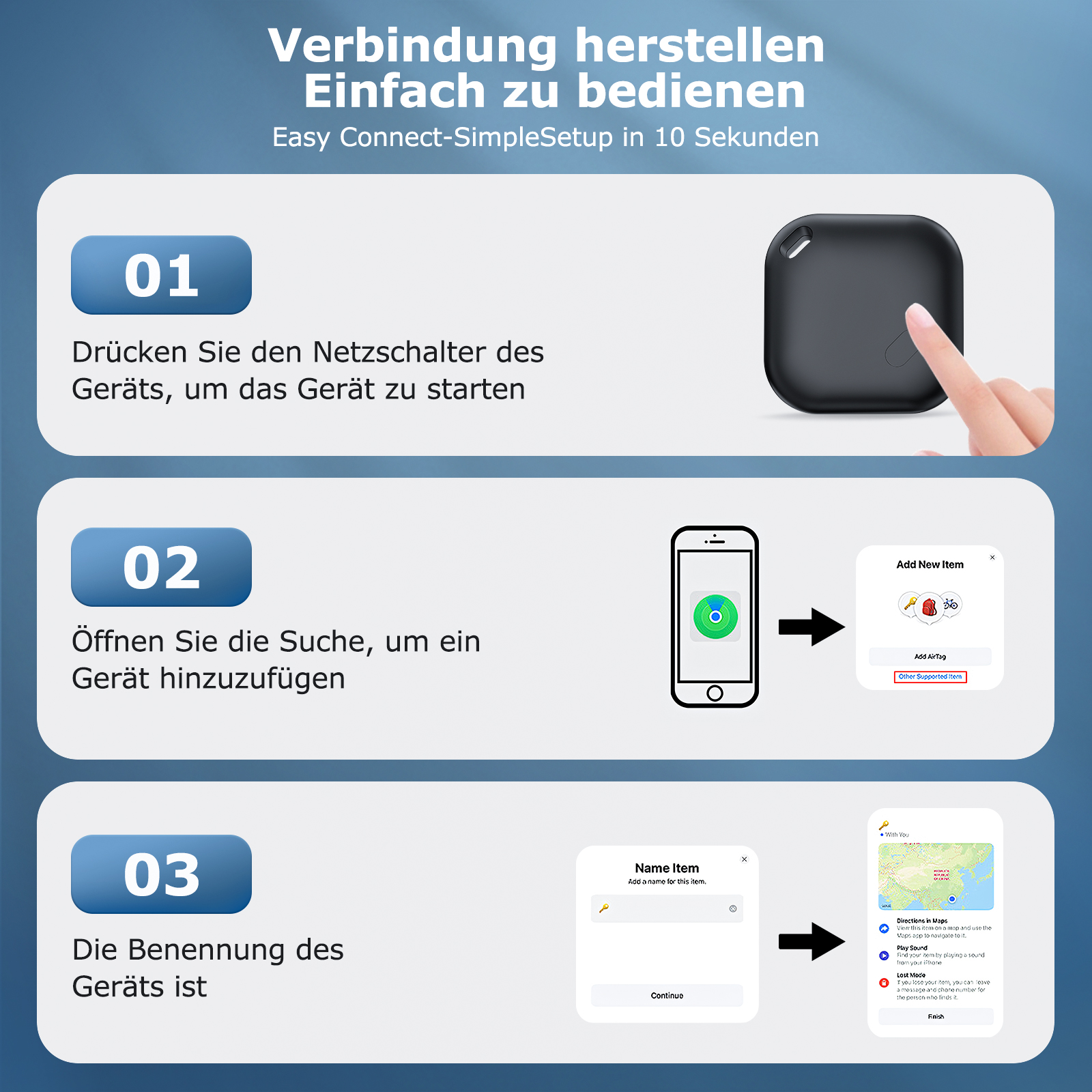 Diagramm mit Schritten zur Geräteverbindung. Schwarzes Gerät, Telefon und Karte werden gezeigt.