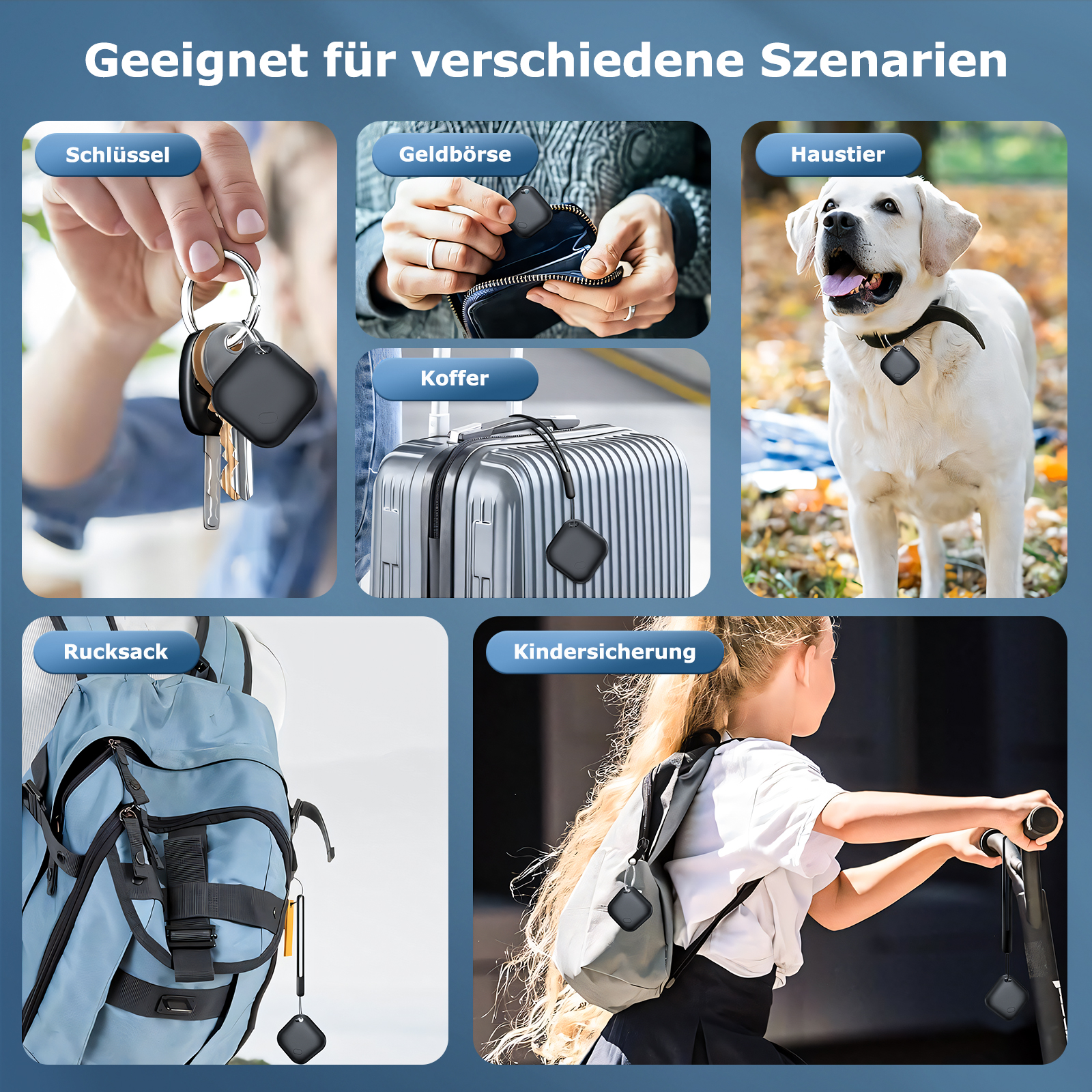 Eine Collage von Gegenständen mit einem quadratischen schwarzen Tracker, einschließlich Schlüsseln.
