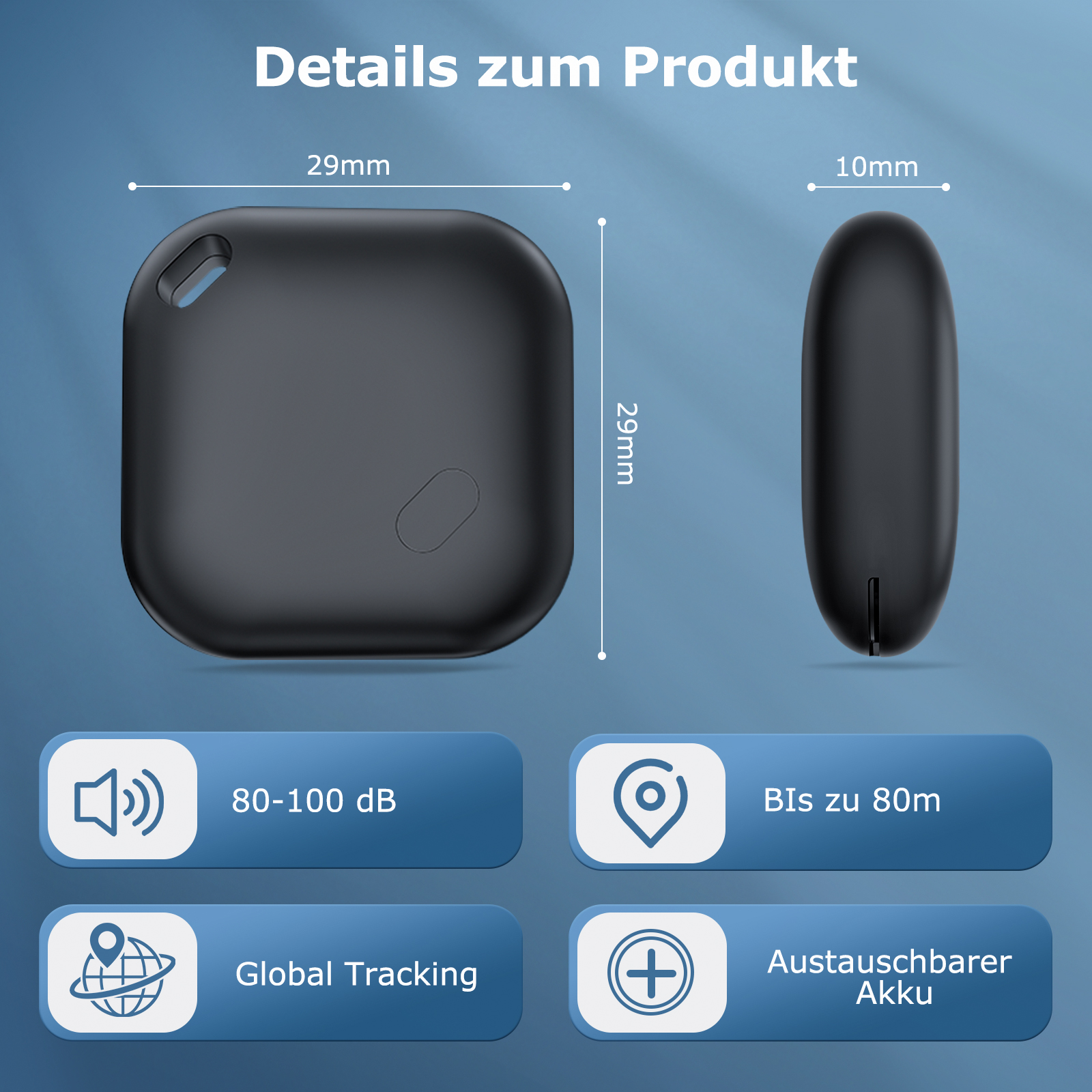 Schwarzer Tracking-Gerät mit Abmessungen und Funktionssymbolen.
