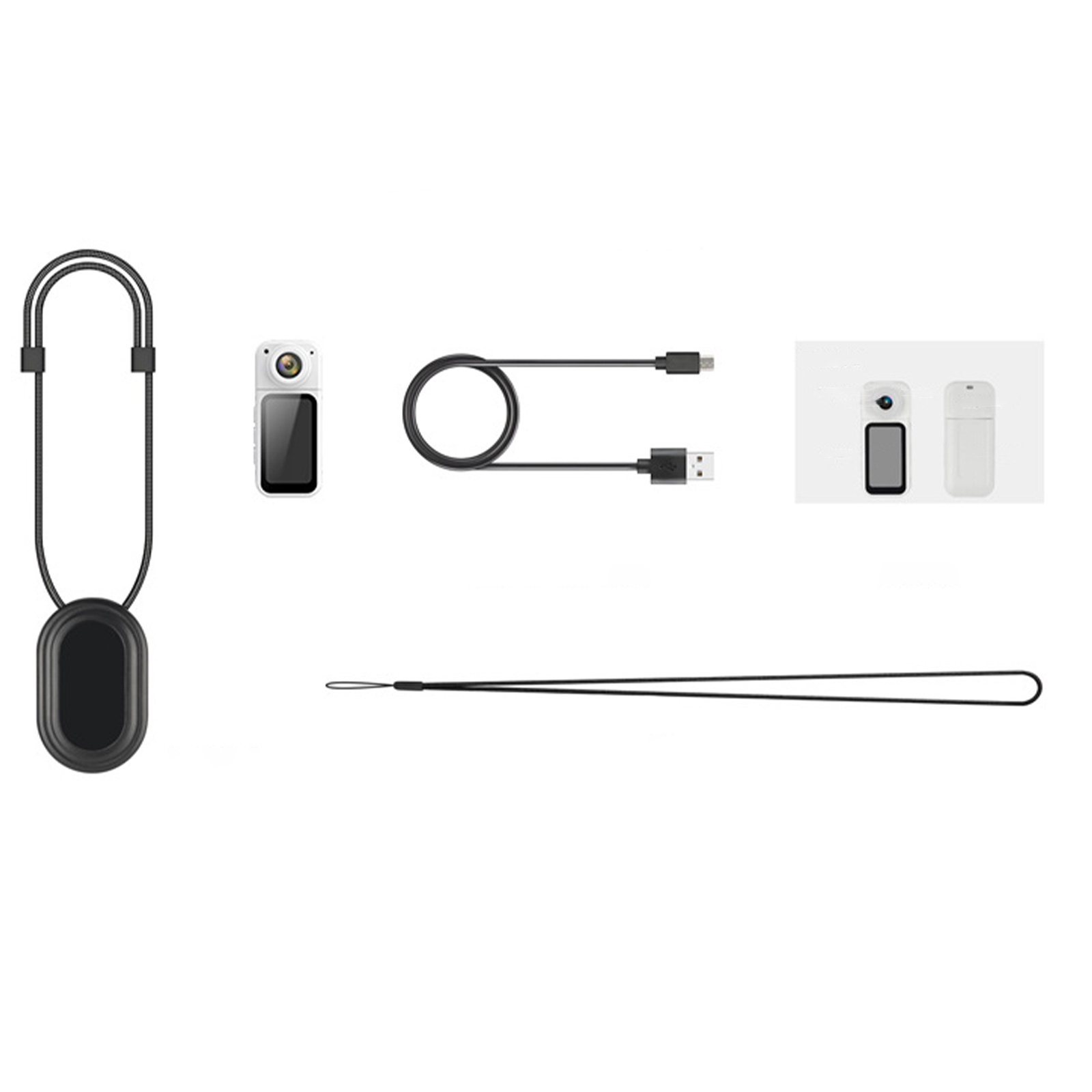 Verschiedene Gegenstände: Kamera, Lanyard, Ladekabel und eine Handyhülle.