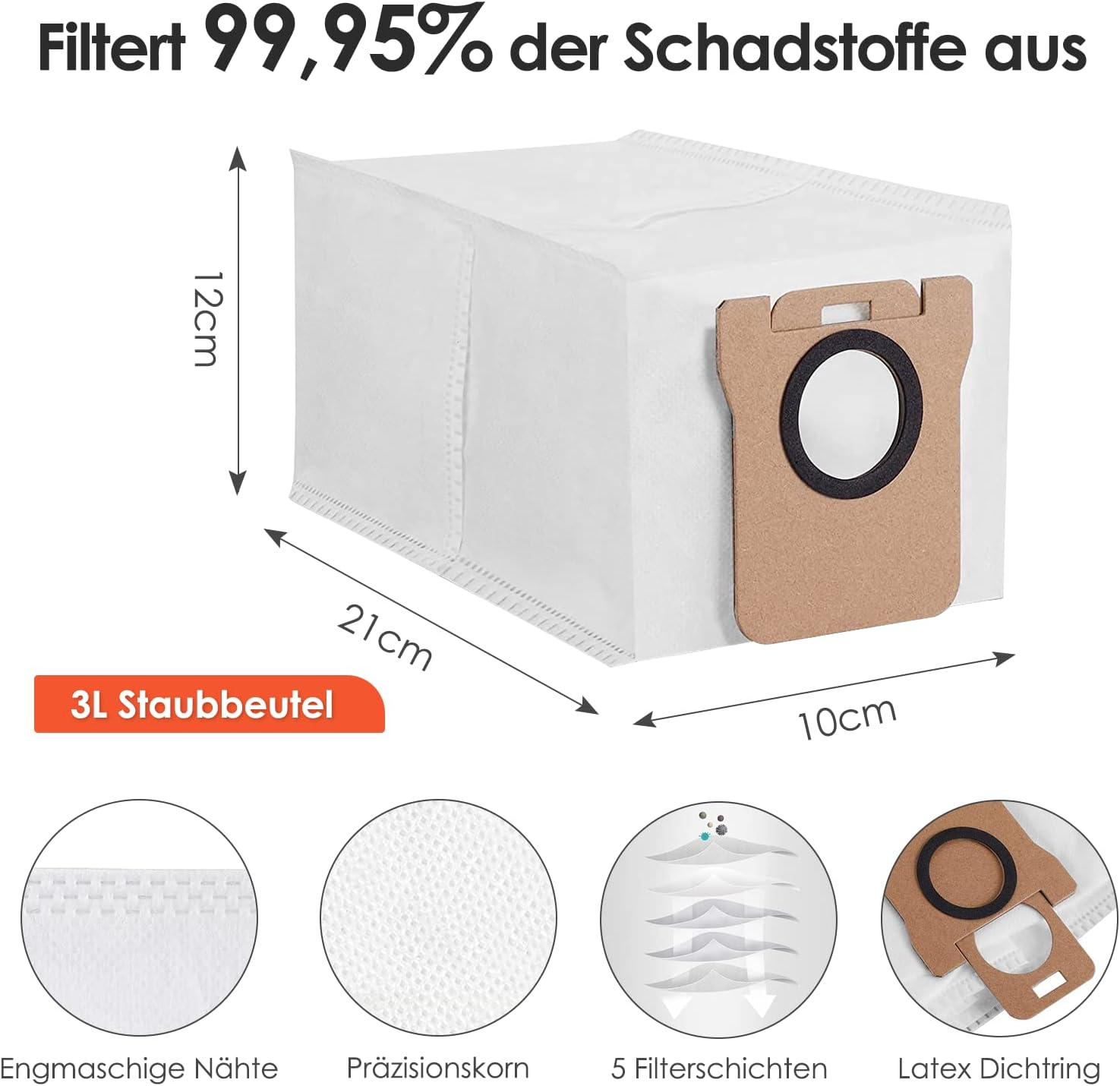 Un sacchetto filtro bianco con dimensioni e dettagli del prodotto. Capacità 3L, con strati filtranti.