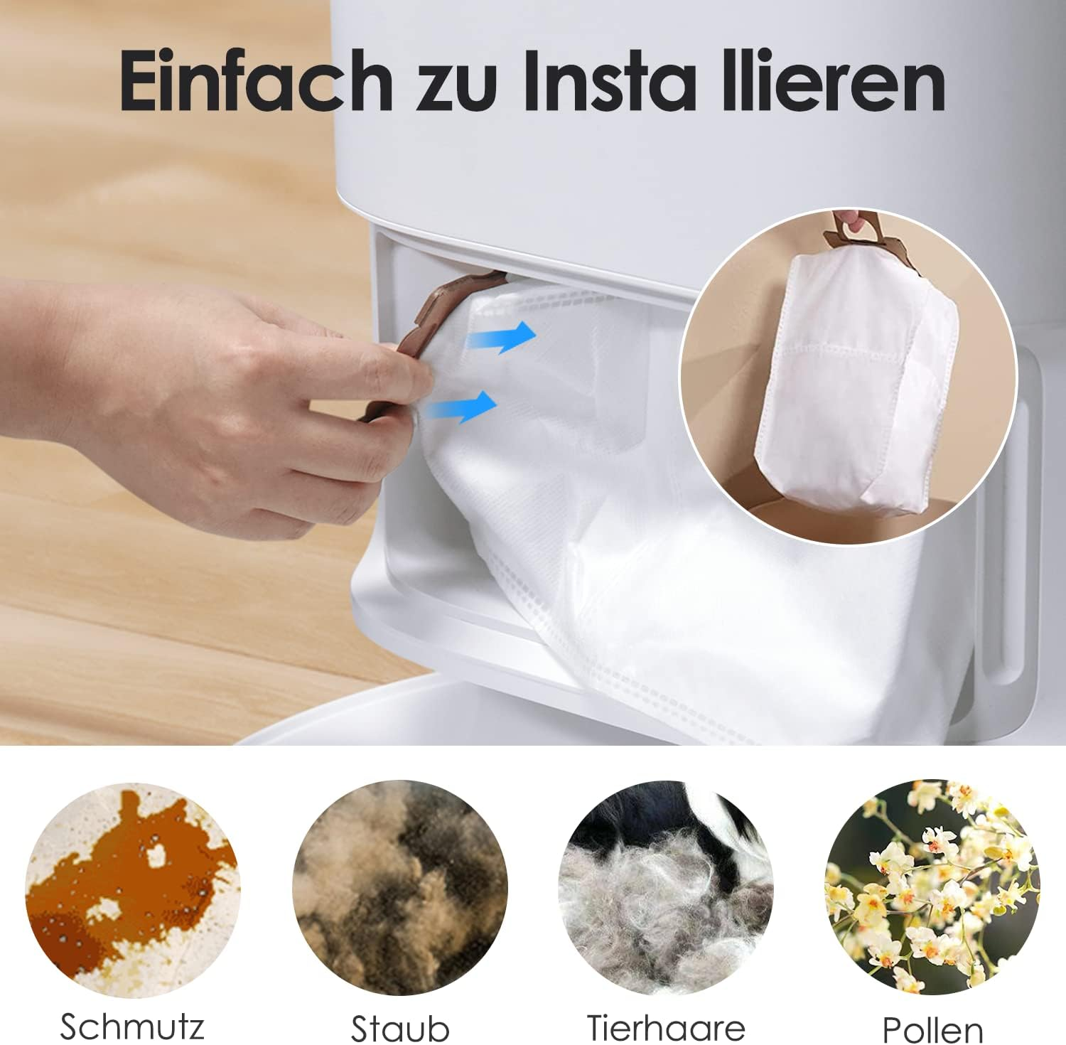 Mano che inserisce un filtro in un elettrodomestico bianco. Mostra sporco, polvere, peli di animali domestici, polline.