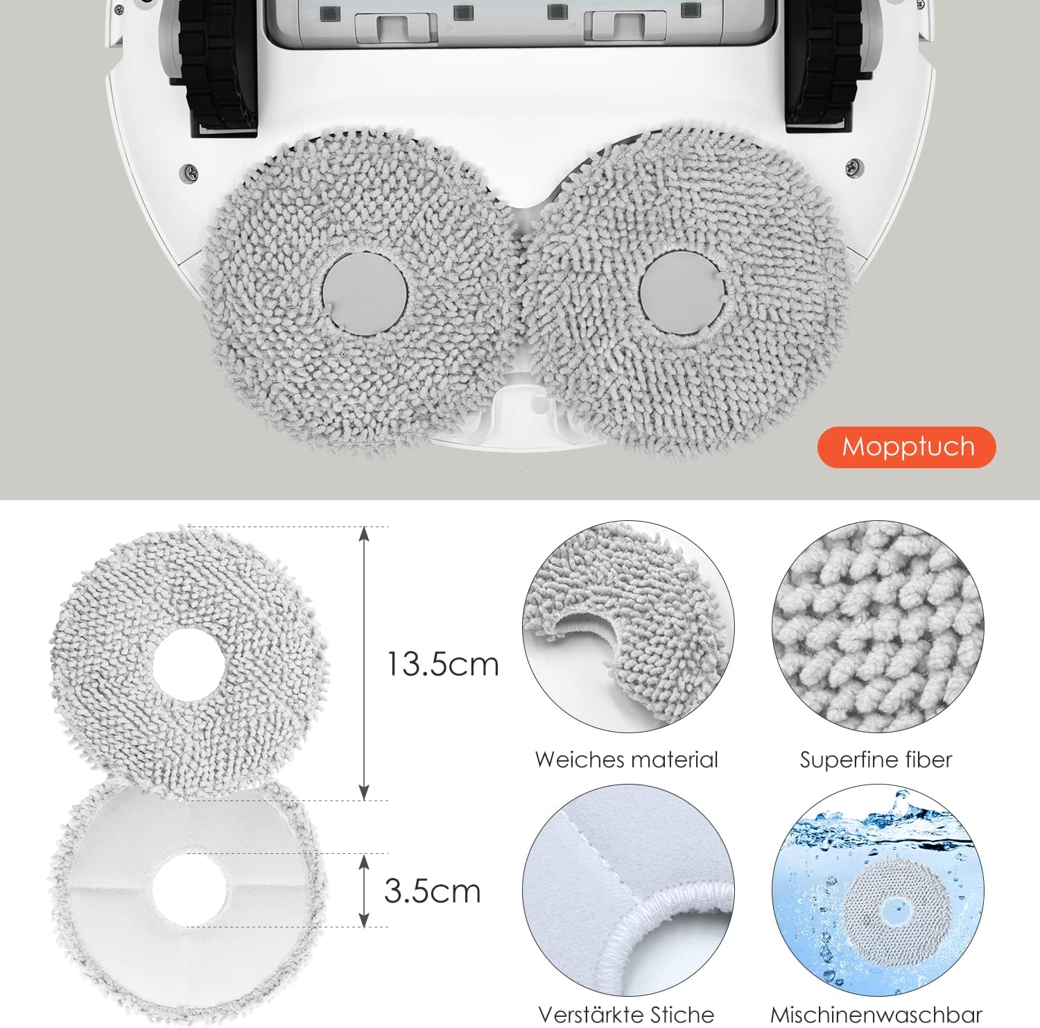 Aspirapolvere robot con due mop e dettagli.