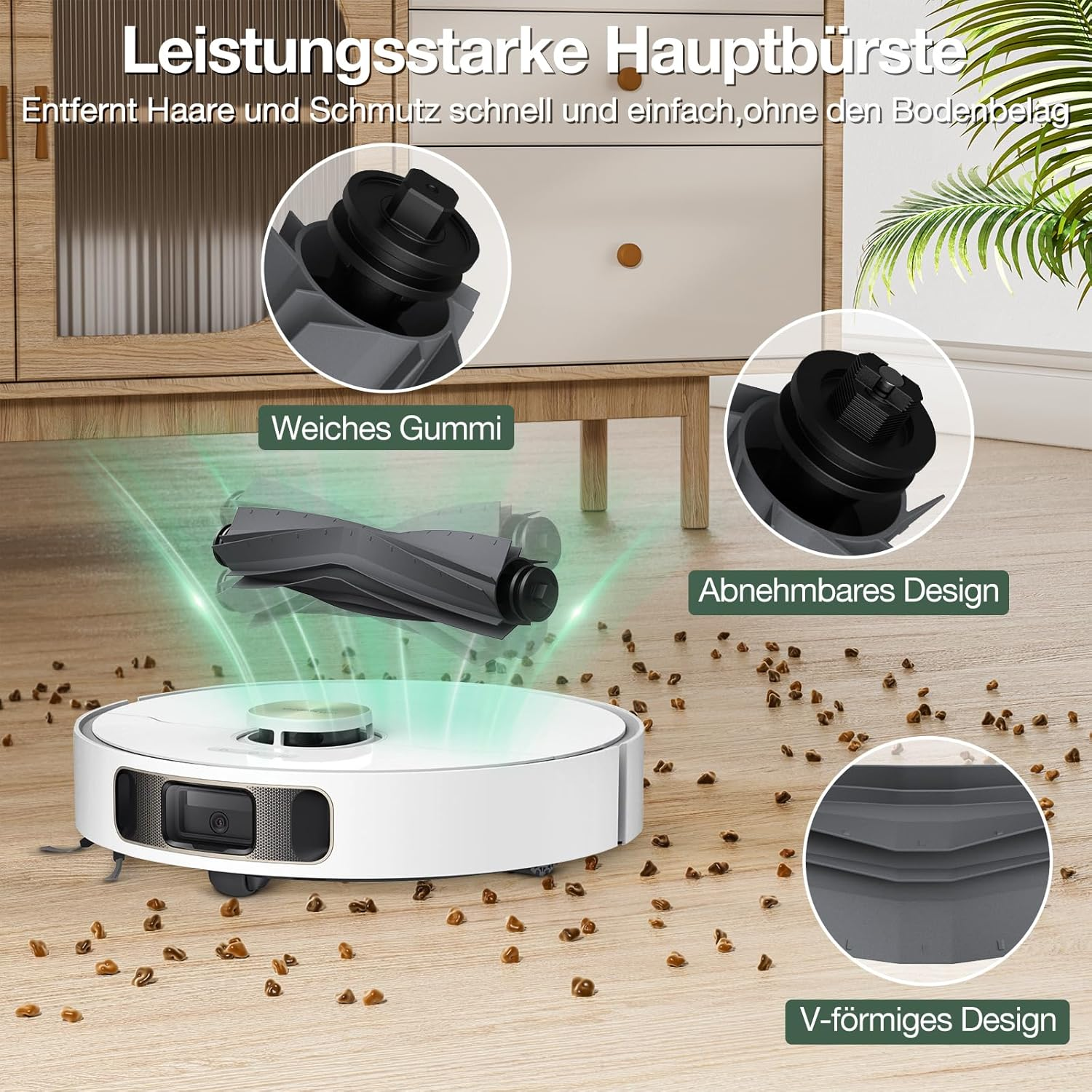Robot aspirapolvere che pulisce una stanza con detriti sul pavimento.