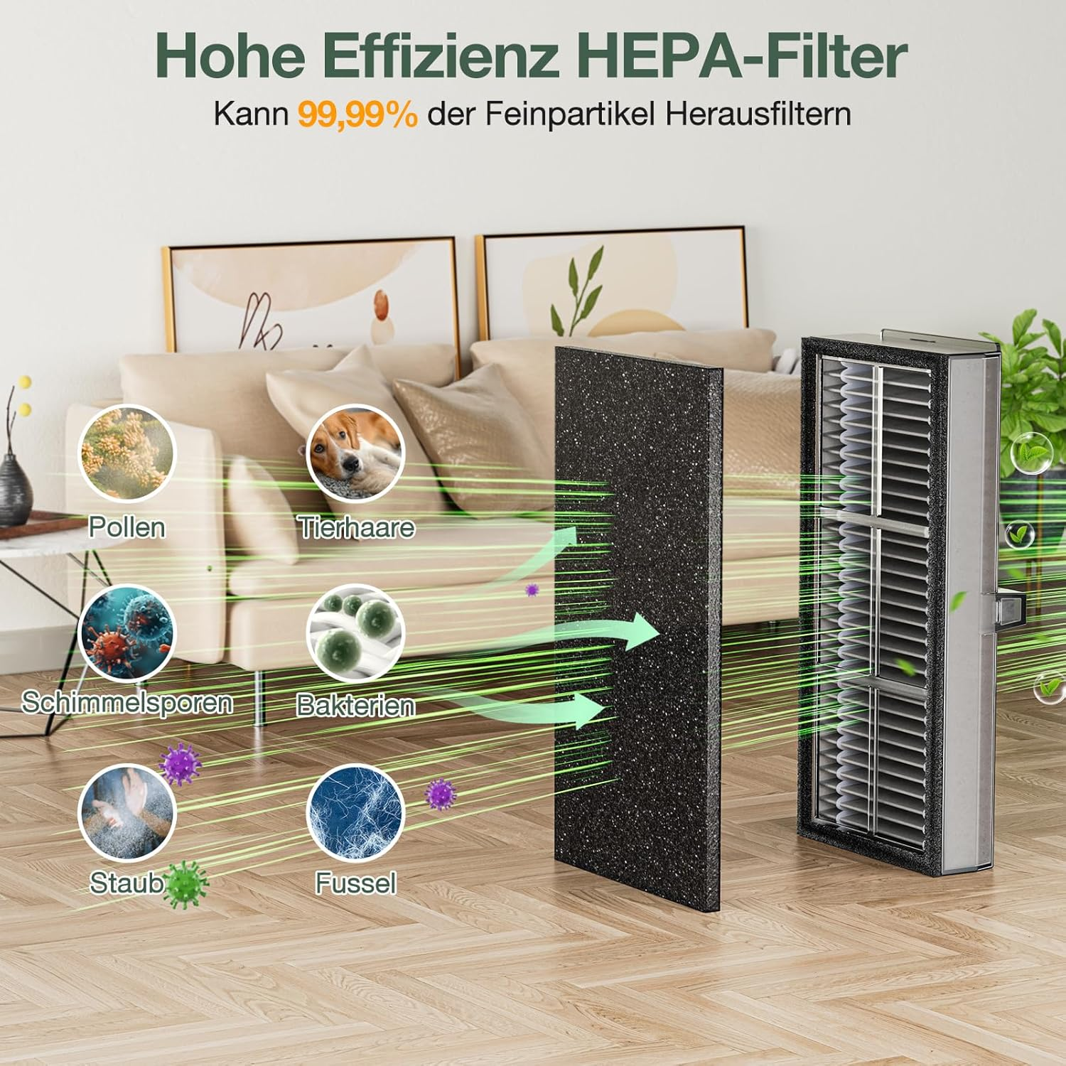 Purificatore d'aria con filtro, mostra rimozione inquinanti. Divano e immagini dietro.