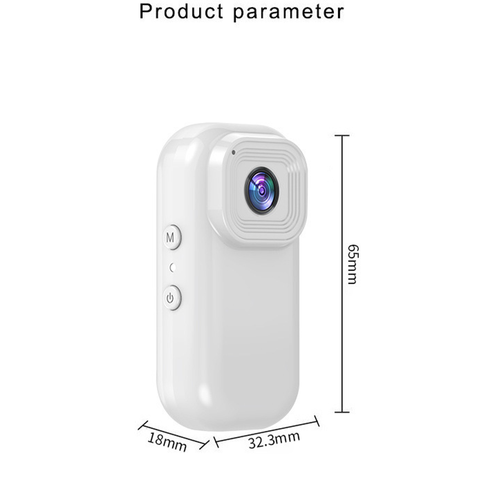 Eine kleine, weiße Action-Kamera. Die Abmessungen sind 18 mm x 32,3 mm x 65 mm. Die Kamera hat ein Objektiv und Tasten.