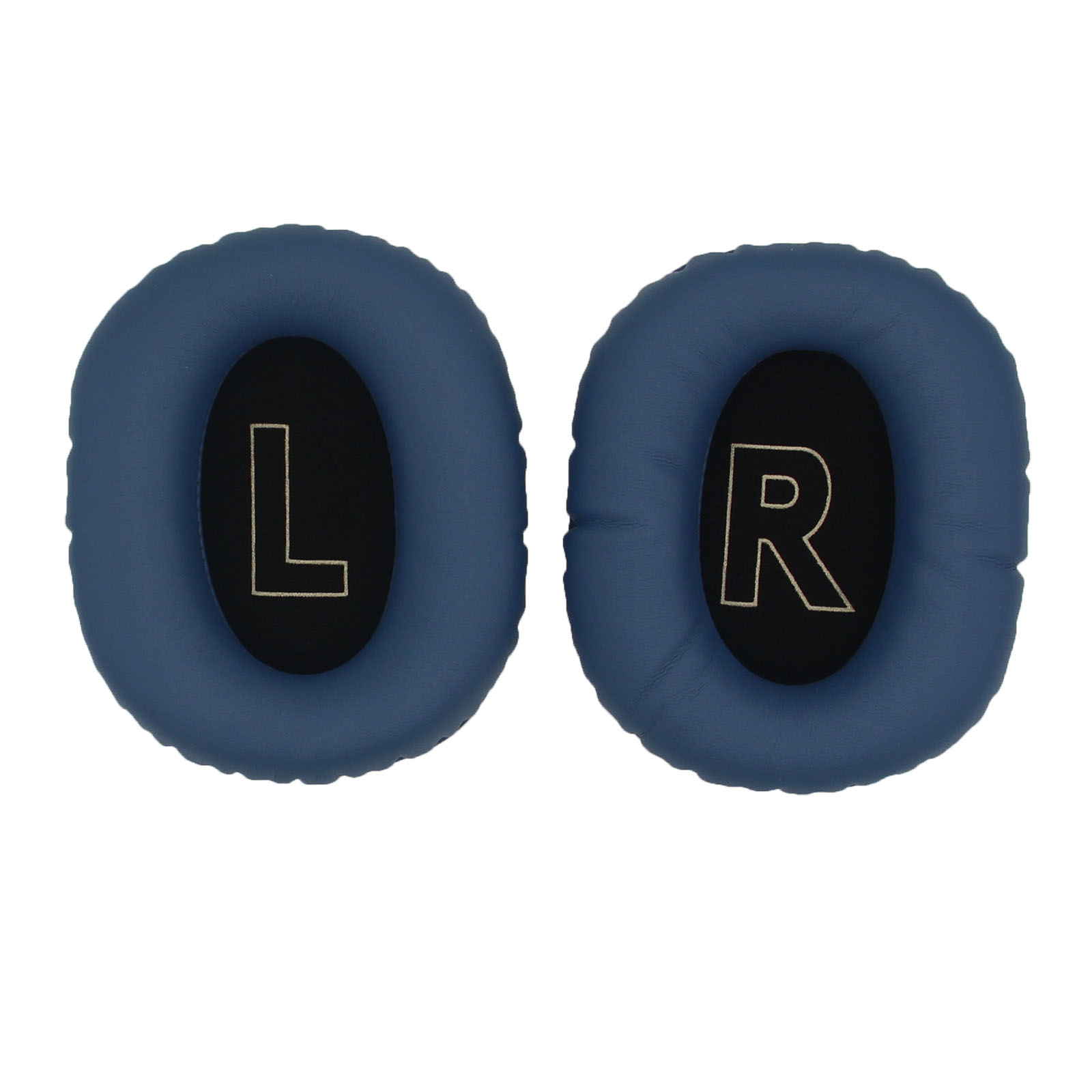 Due cuscinetti auricolari blu con centri neri, contrassegnati 'L' e 'R', su sfondo bianco.