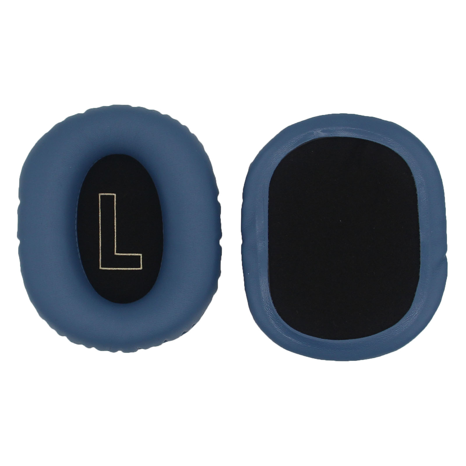 Due cuscinetti blu con marcatura 'L' per cuffie, interno nero, sfondo bianco.