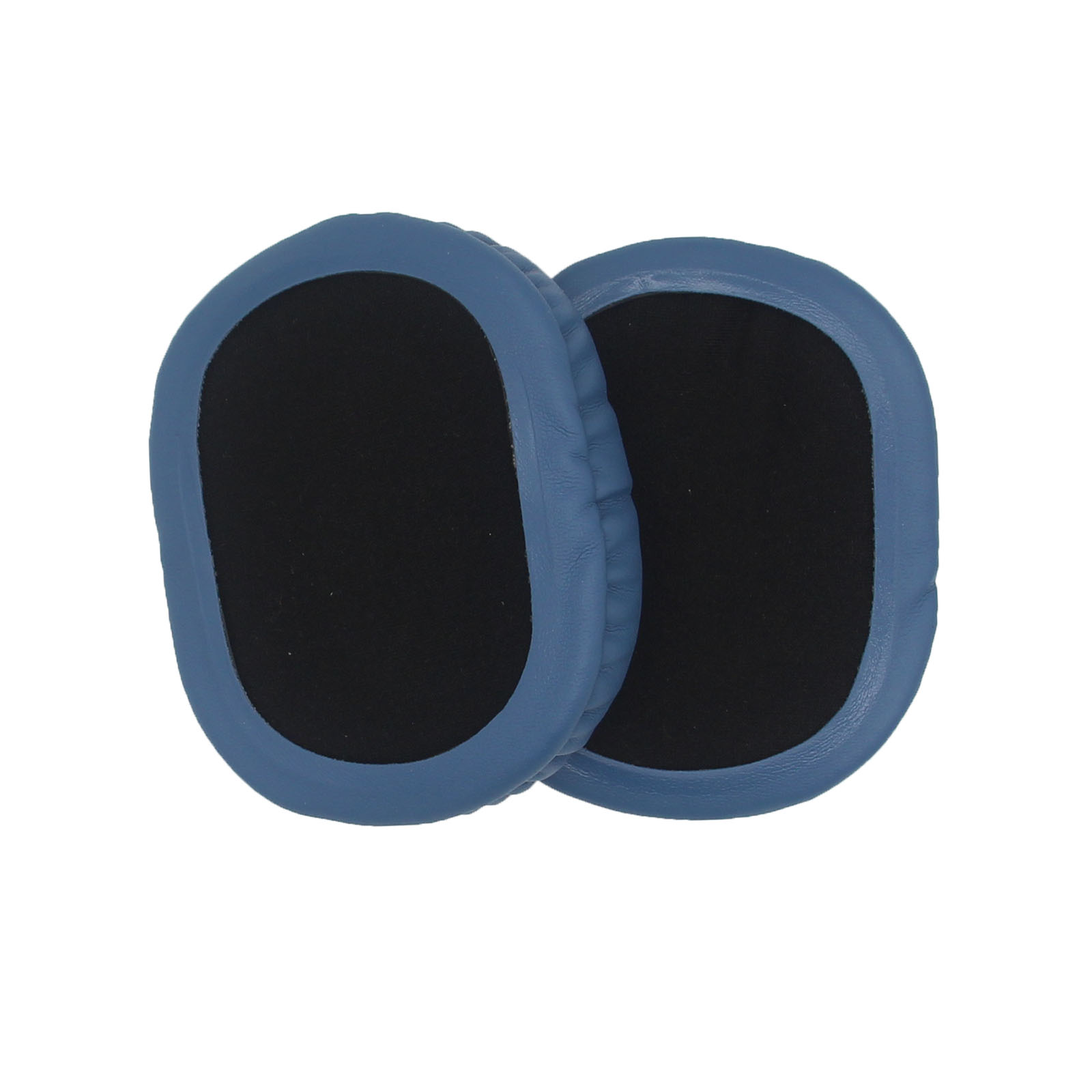 Due cuscinetti auricolari blu. Forma ovale, con interno in tessuto nero. Sfondo bianco.